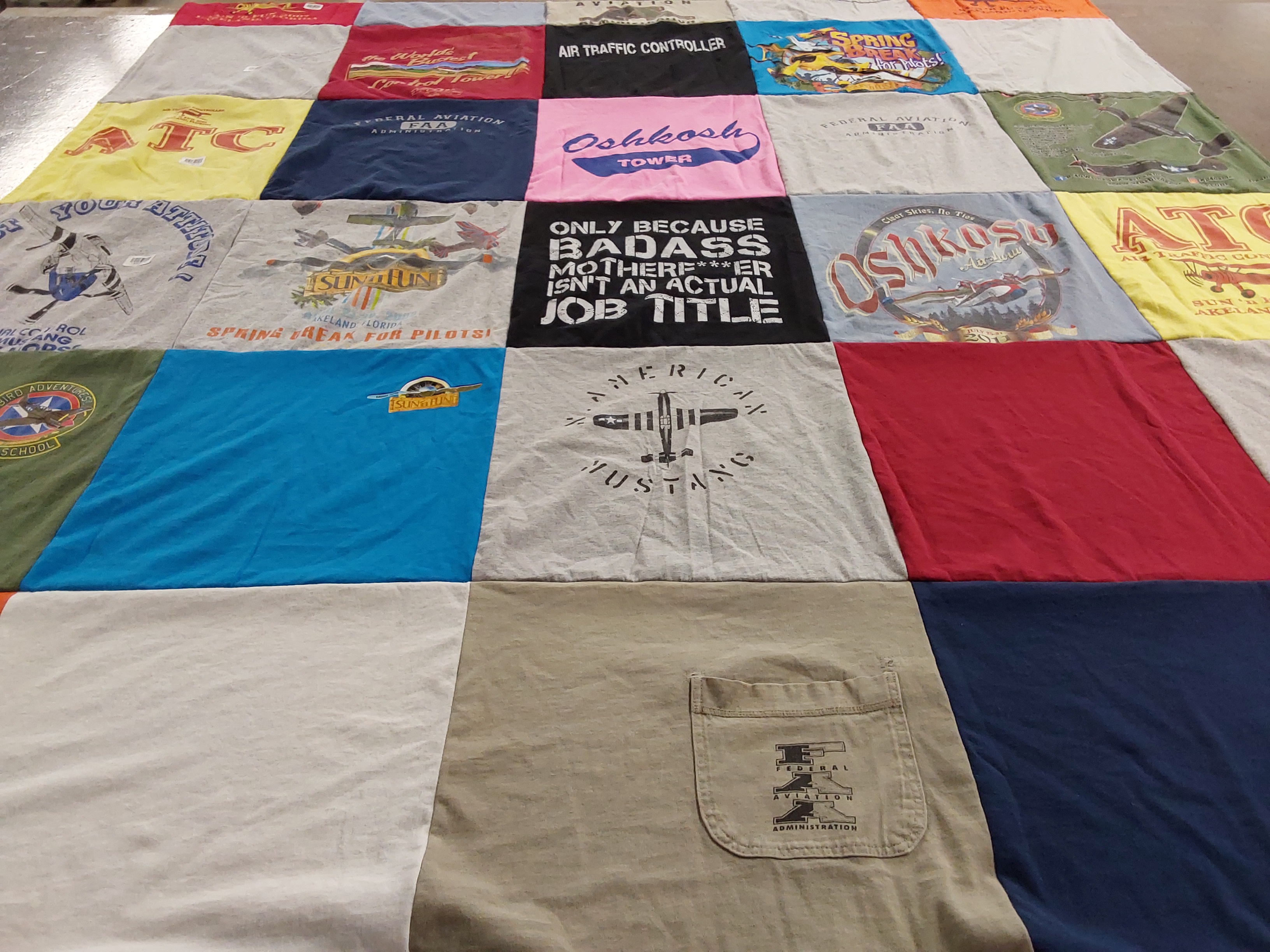 T-shirt quilt with aviation, flying themes by Nancy from FL