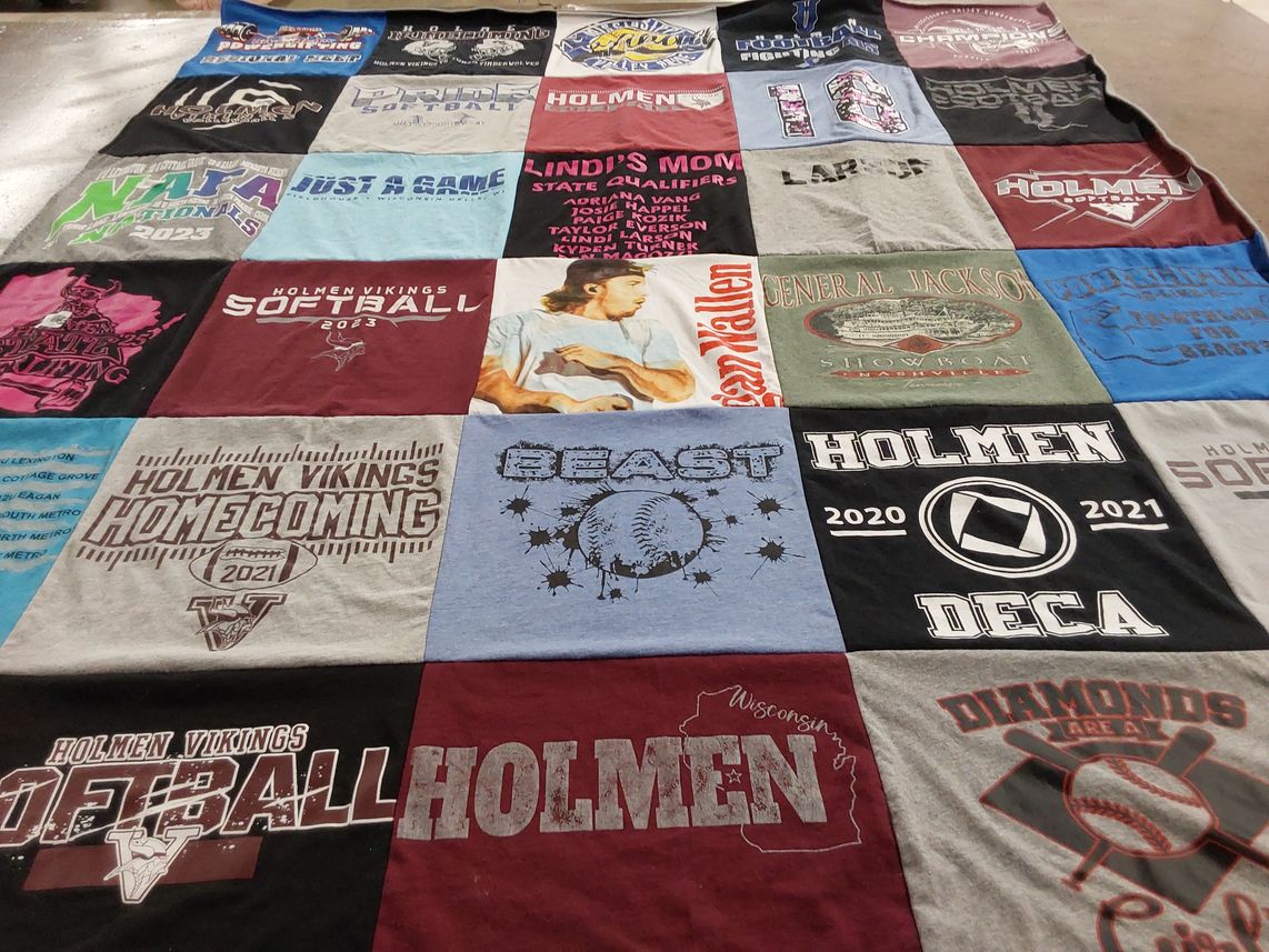 T-shirt quilt featuring holmen vikings football, holmen vikings softball by Kristin from WI