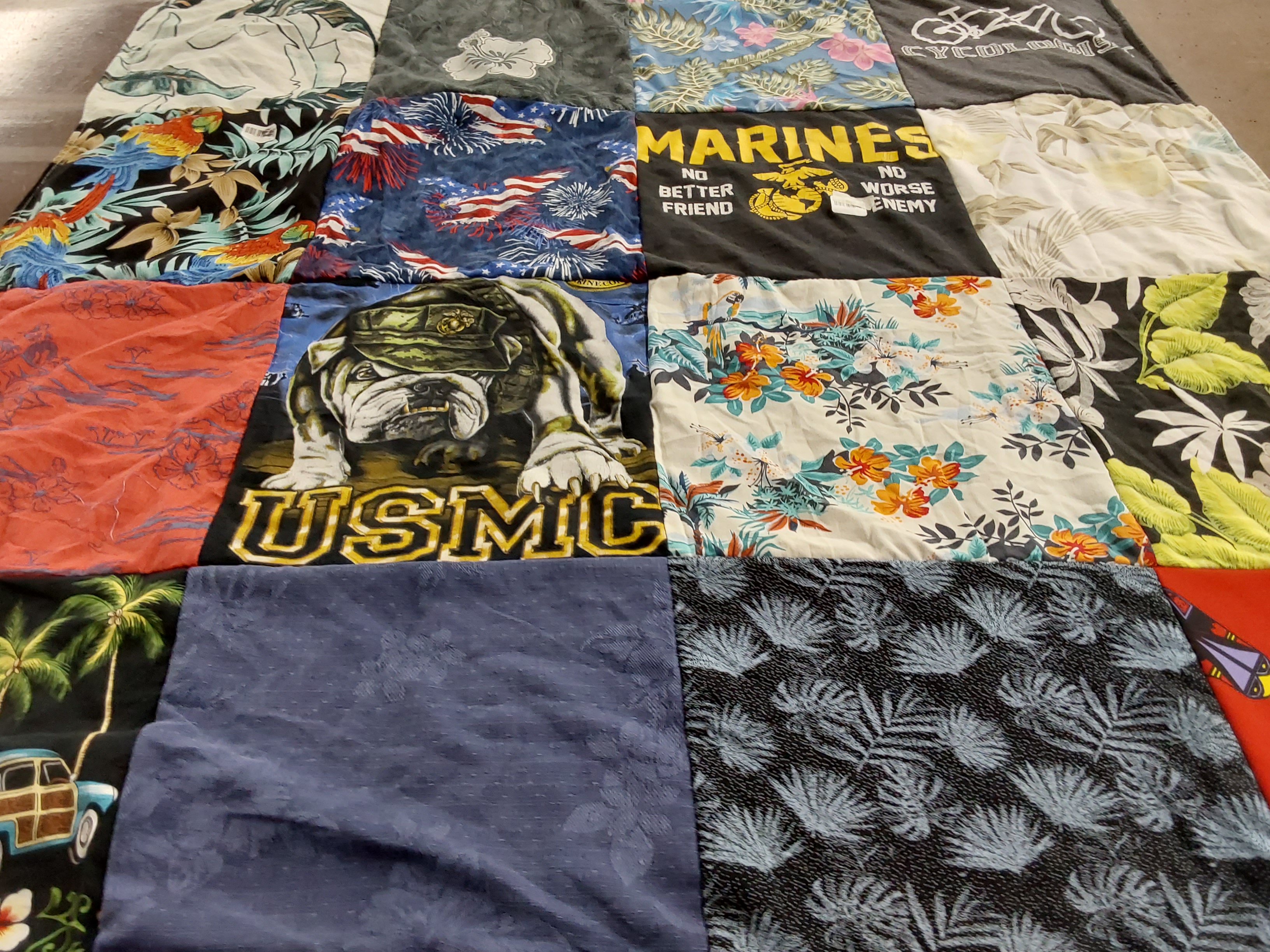 T-shirt quilt with military, marine corps themes by Teri from NC