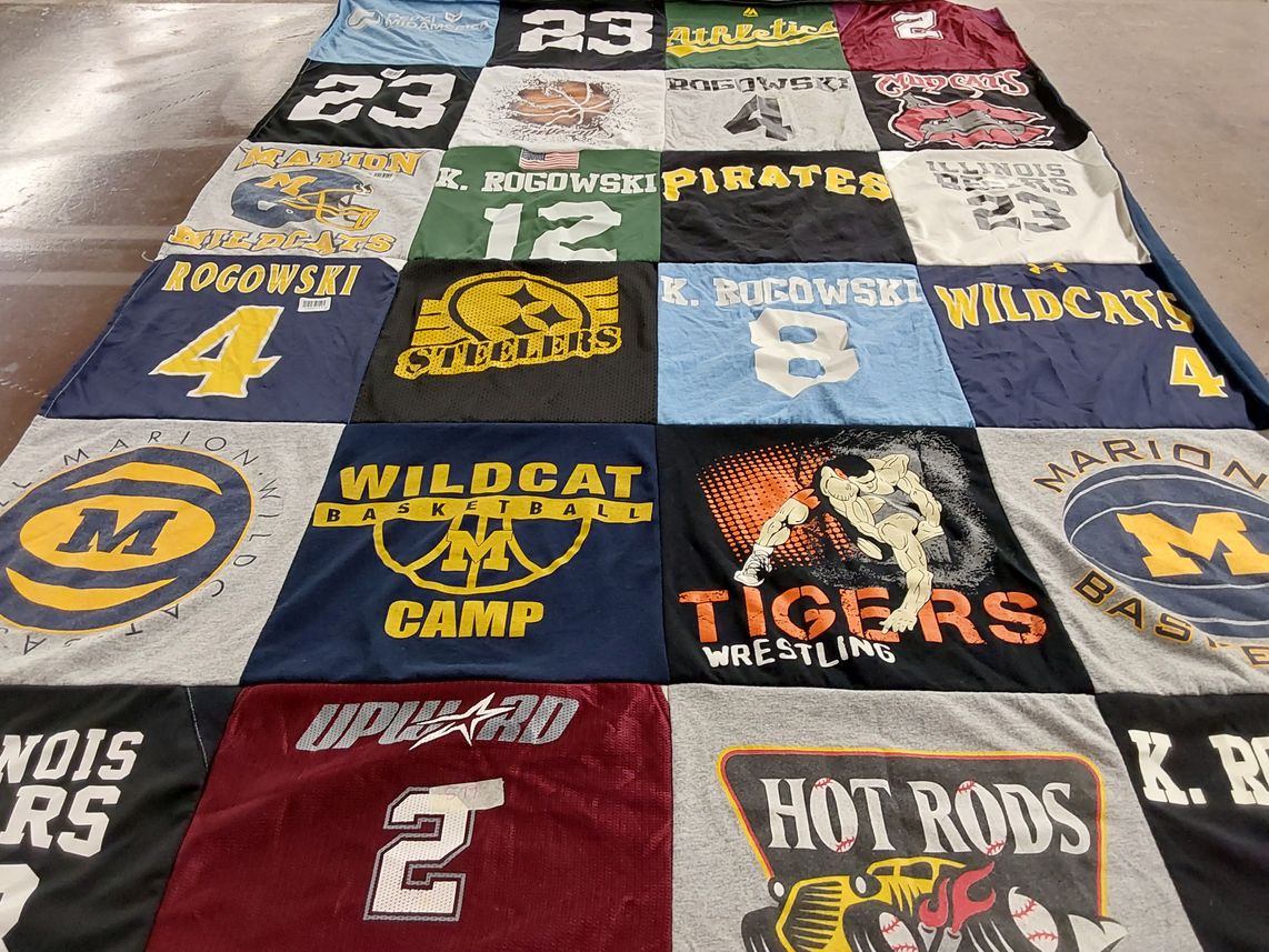 T-shirt quilt featuring marion wildcats, illinois pirates by Myra from IL