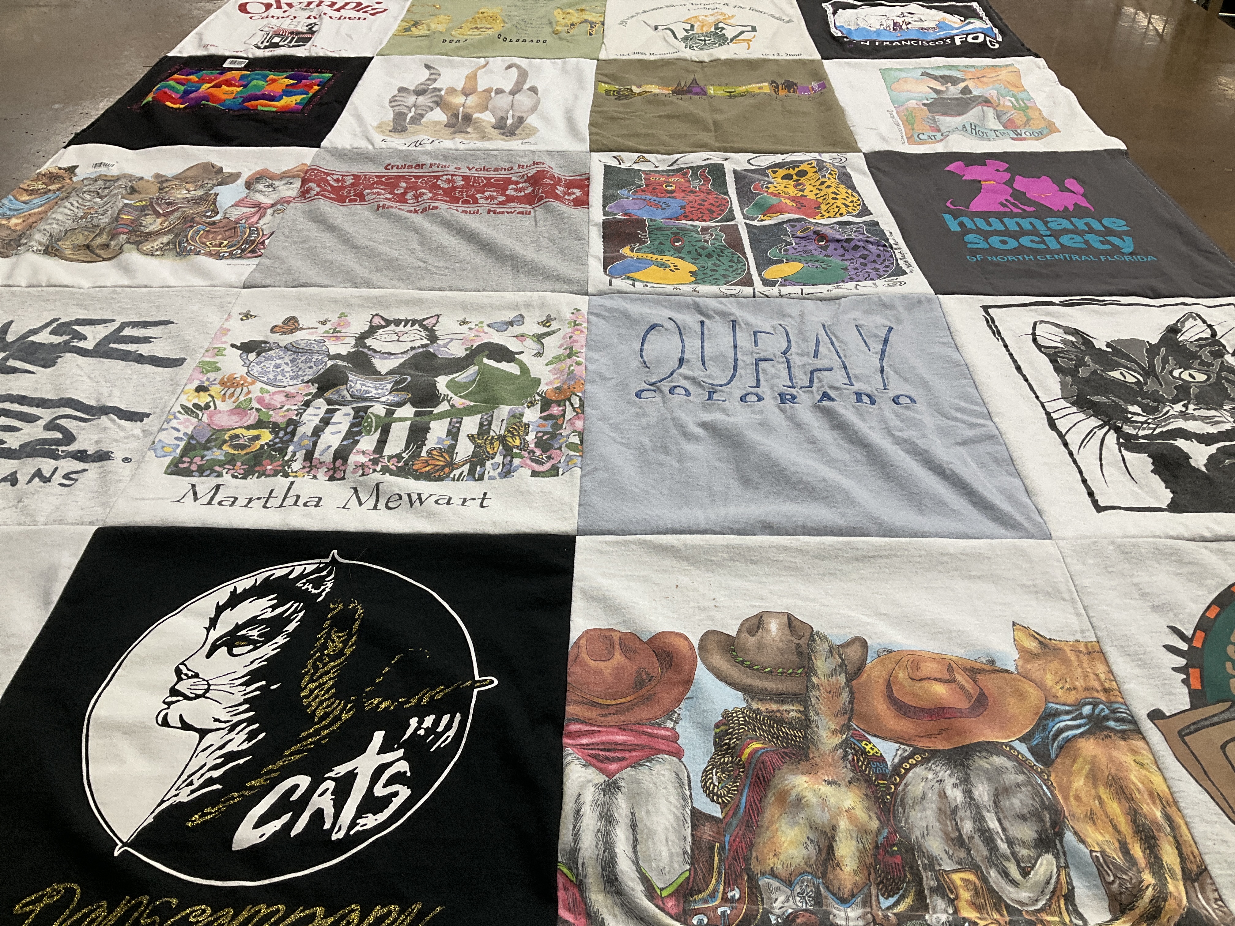 T-shirt quilt with cats, nature themes by Rebecca from FL