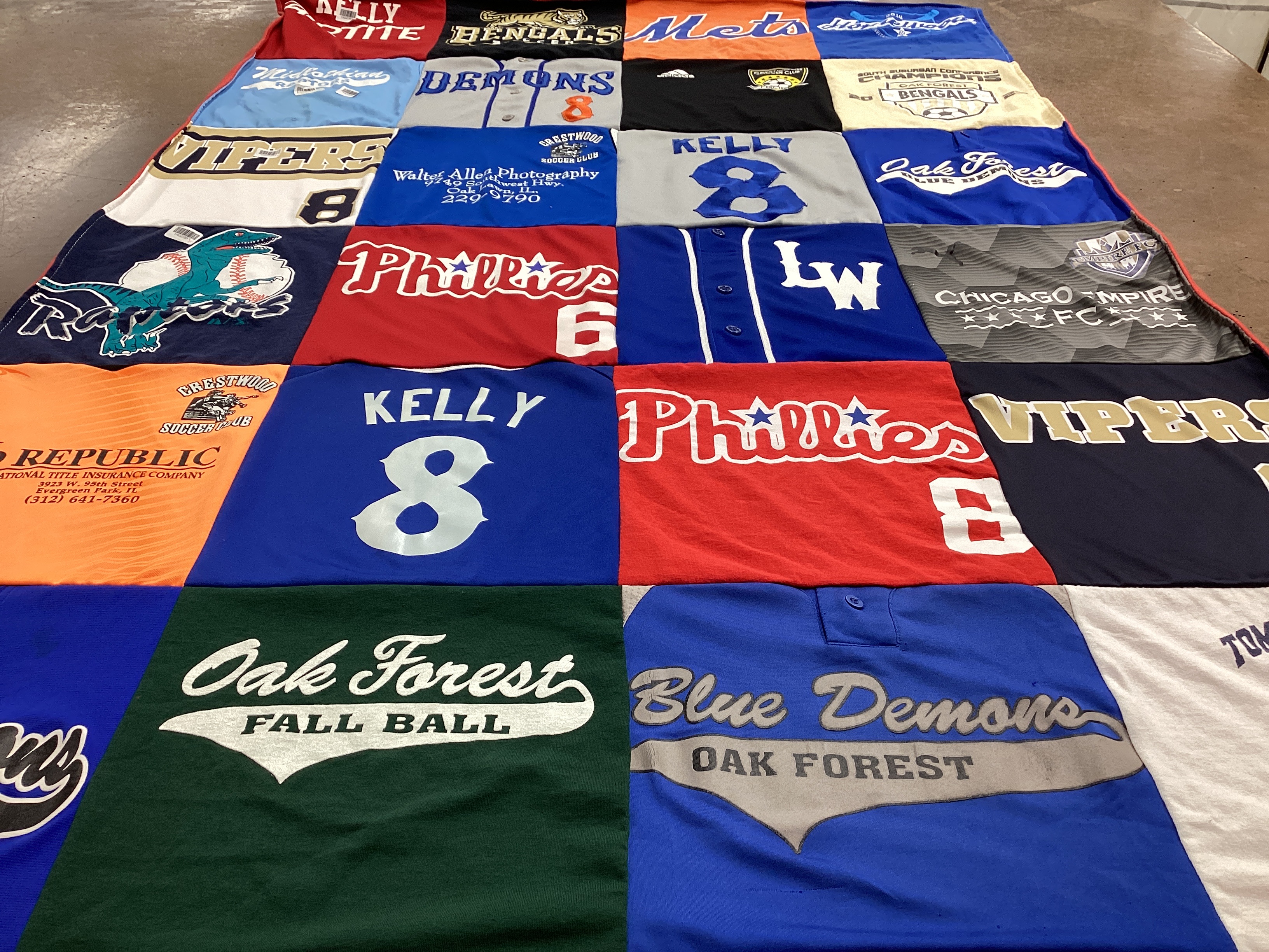 T-shirt quilt featuring chicago phillies, oak forest blue demons by Becky from IL