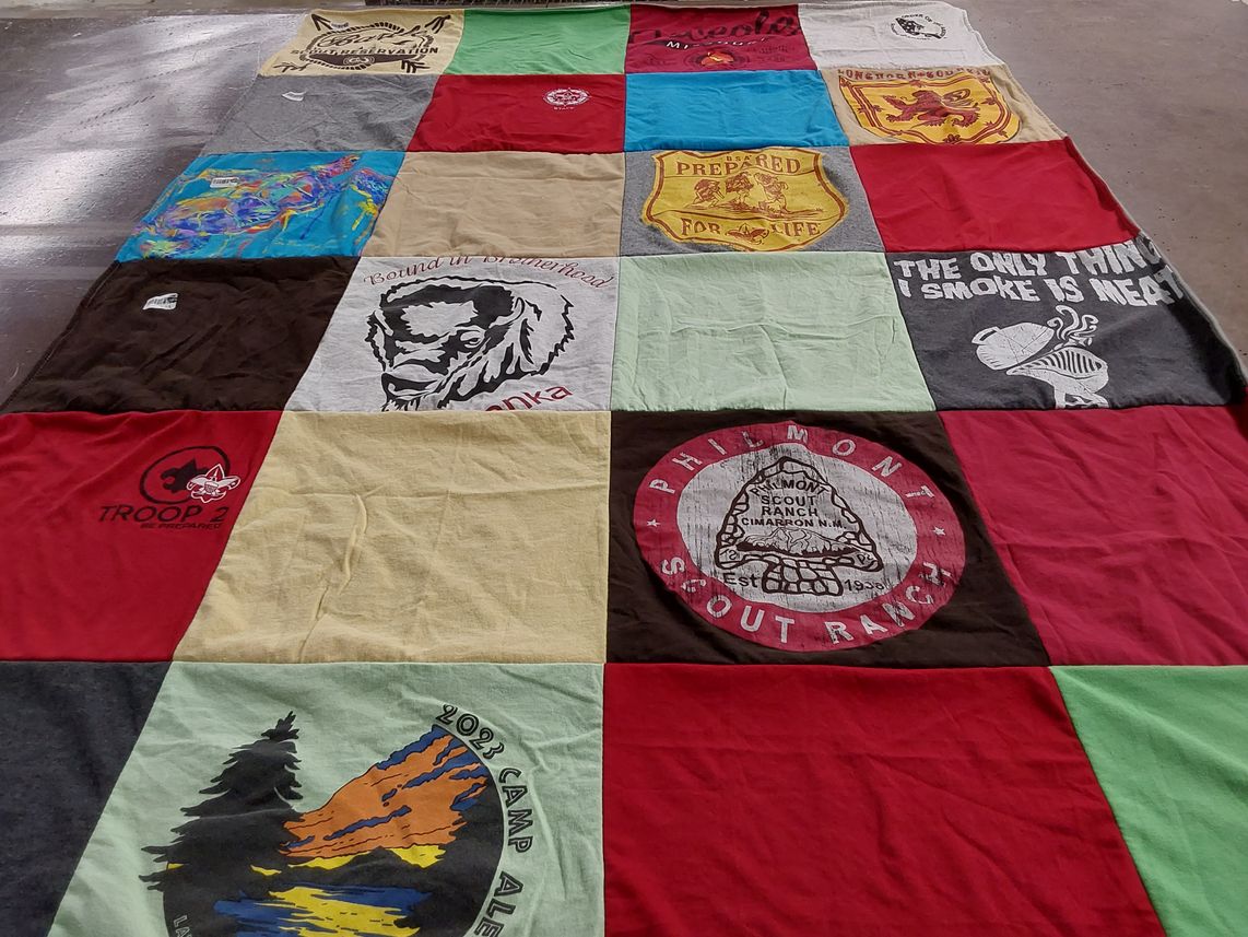 T-shirt quilt with scouting, outdoor activities themes by MARA from TX