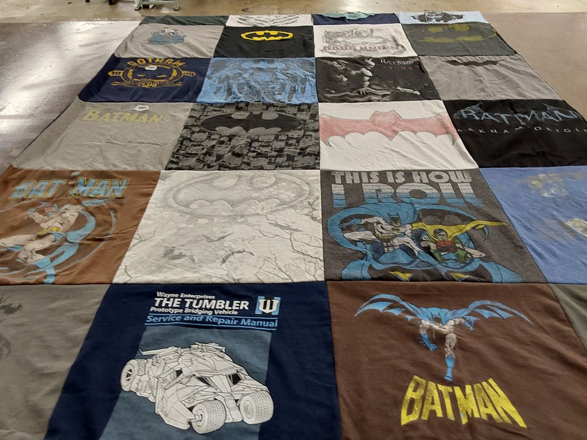 T-shirt quilt with comic books, superheroes themes by Kate from TX
