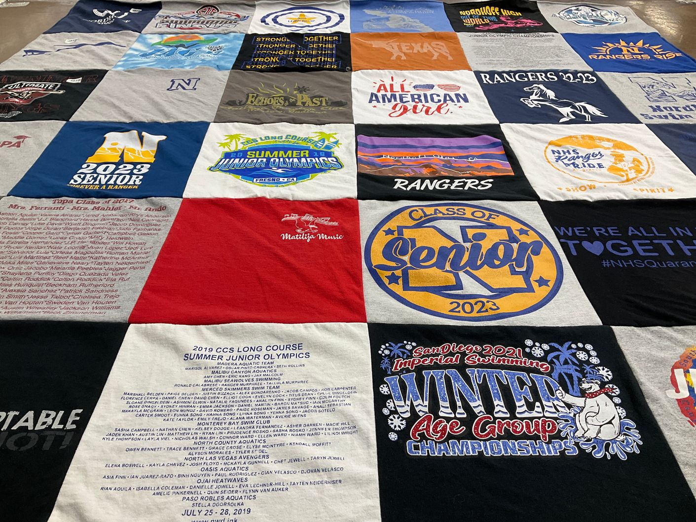 T-shirt quilt featuring swimming team, rangers team by Jessica from CA