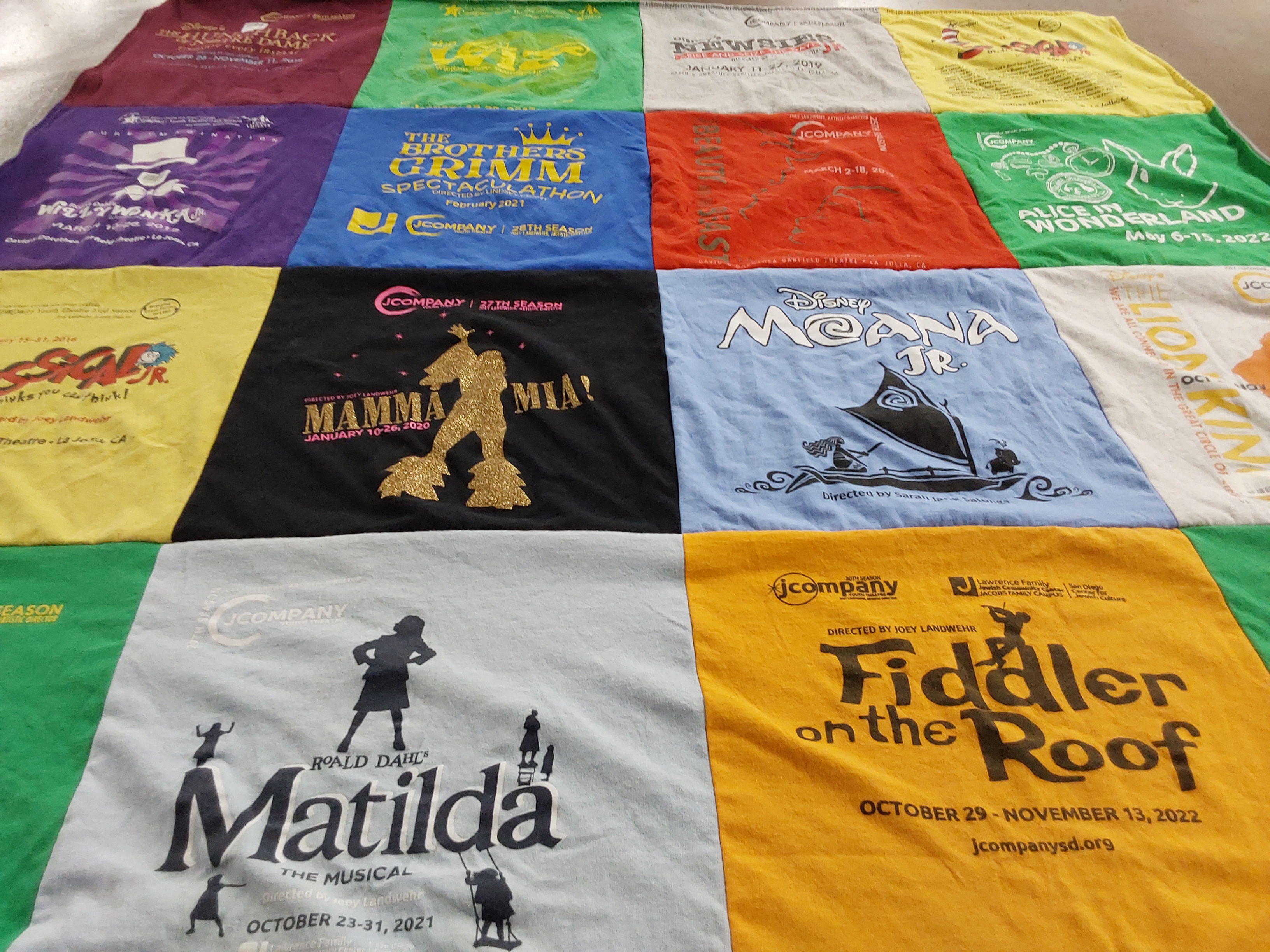 T-shirt quilt with musicals, theater themes by Laurel from CA