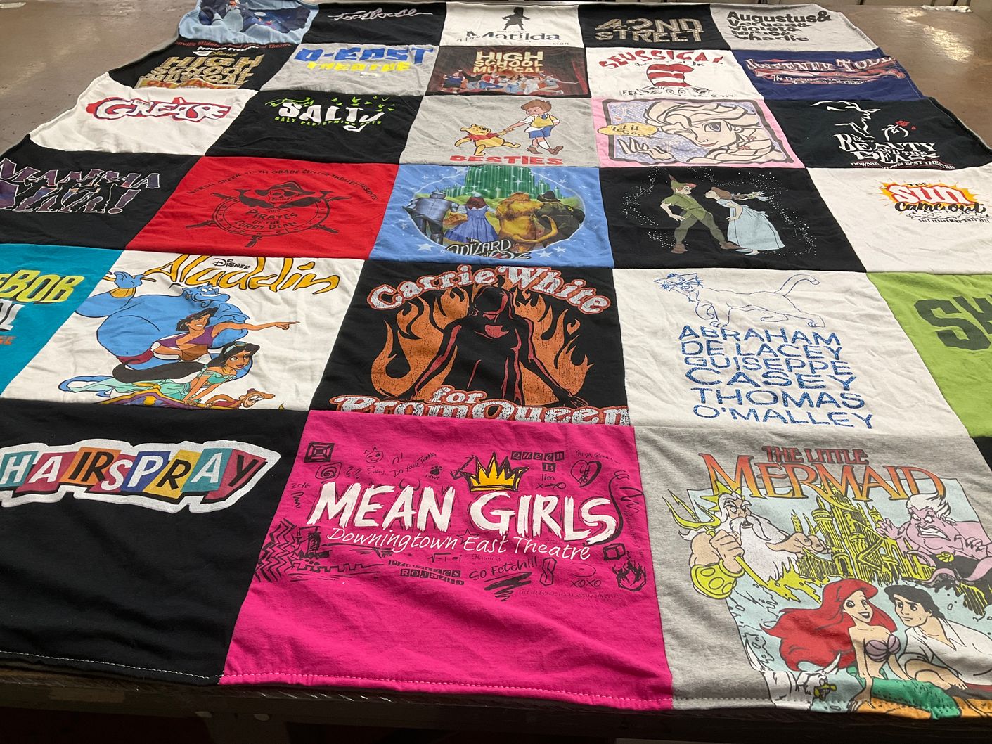 T-shirt quilt with theater, musicals themes by Kelly from MA