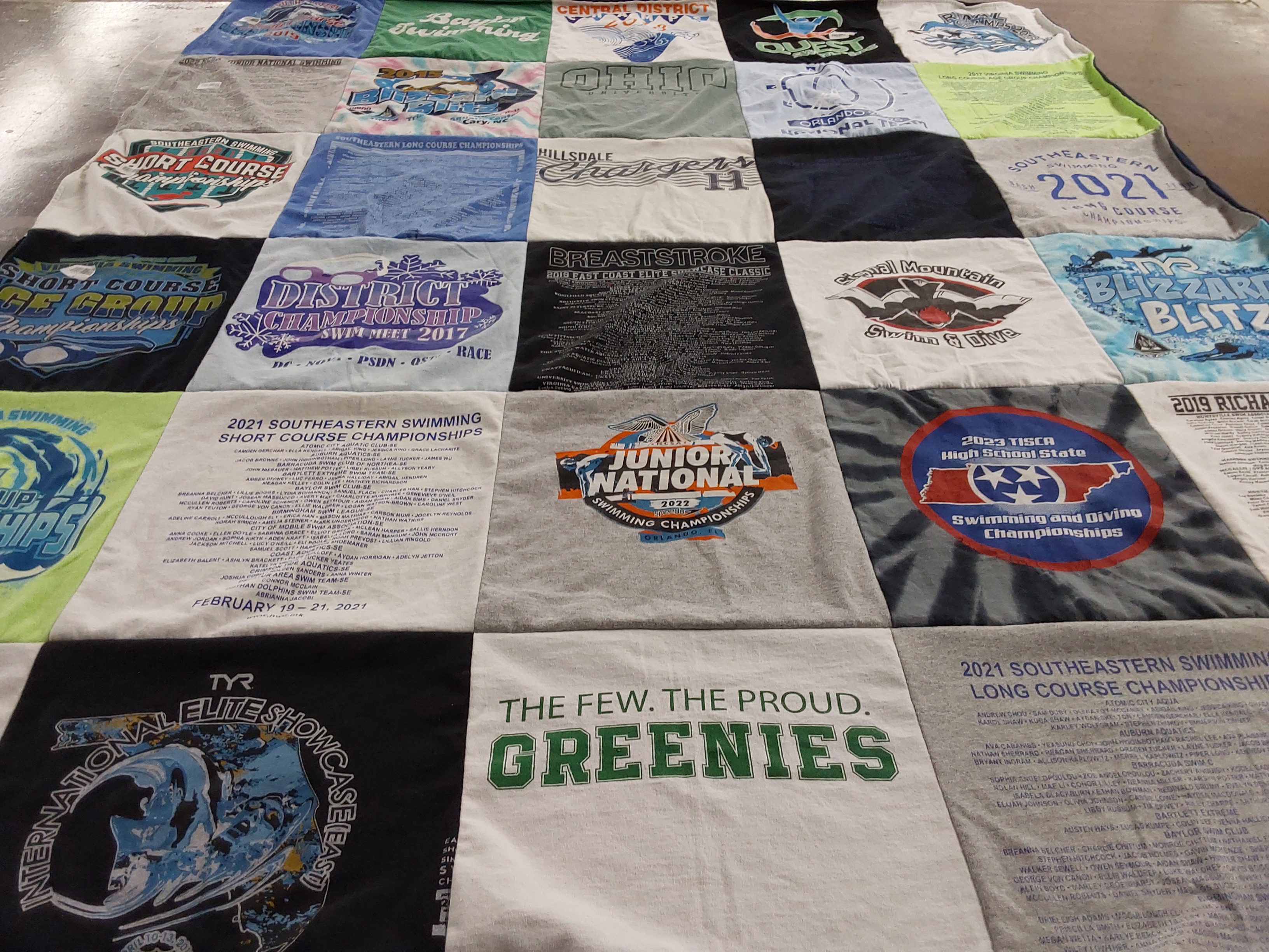 T-shirt quilt with swimming, sports themes by Katie from NC
