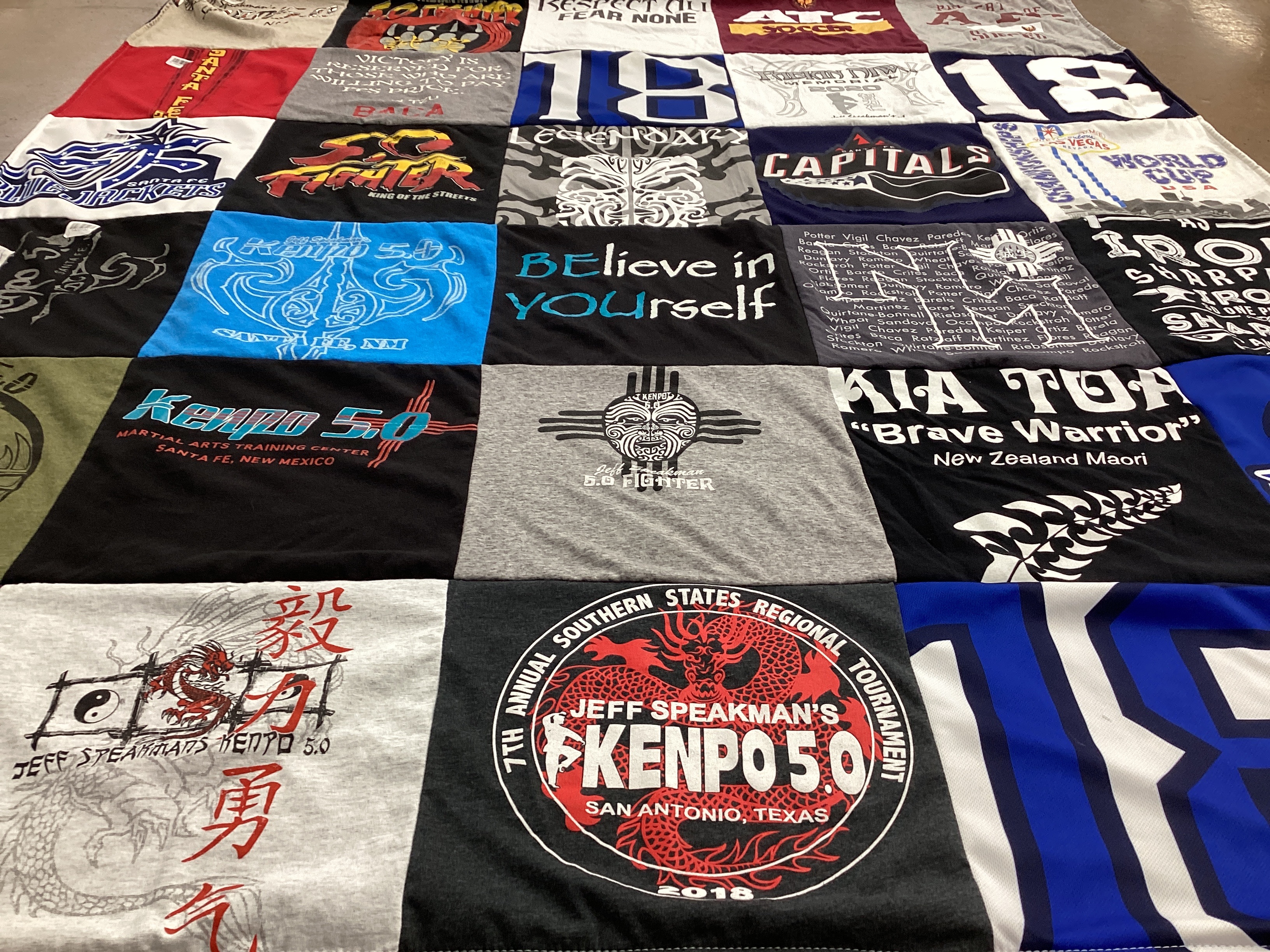 T-shirt quilt with martial arts, self defense themes by Vitalia from NM