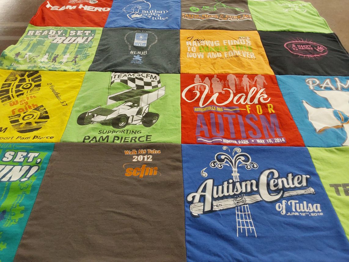 T-shirt quilt with autism awareness, fundraising themes by Heather from OK