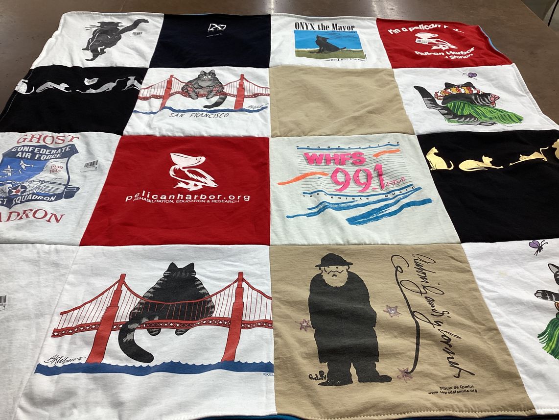 T-shirt quilt with marine life, rehabilitation themes by Mary from MD