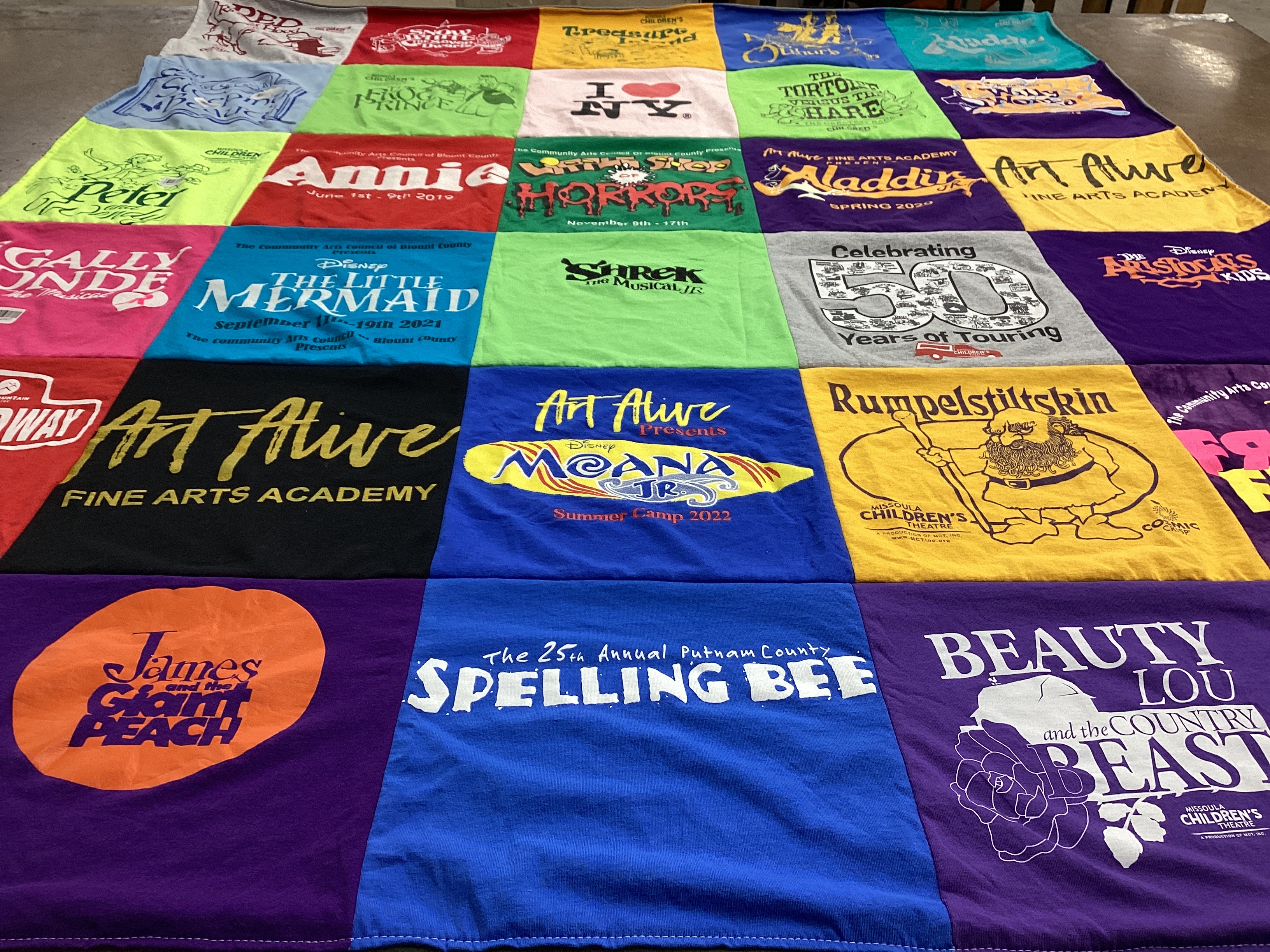 T-shirt quilt with theater, performing arts themes by Teri from AL