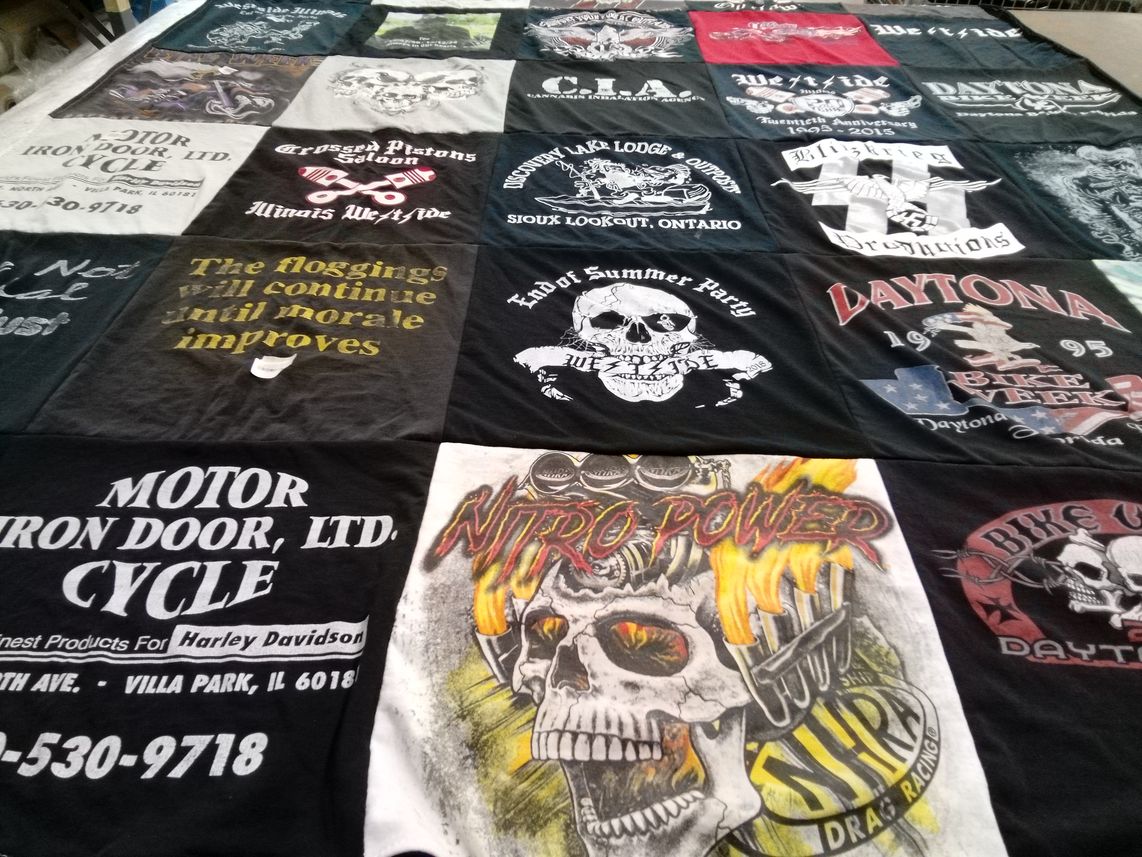 T-shirt quilt with motorcycles, biking themes by Deidre from IL