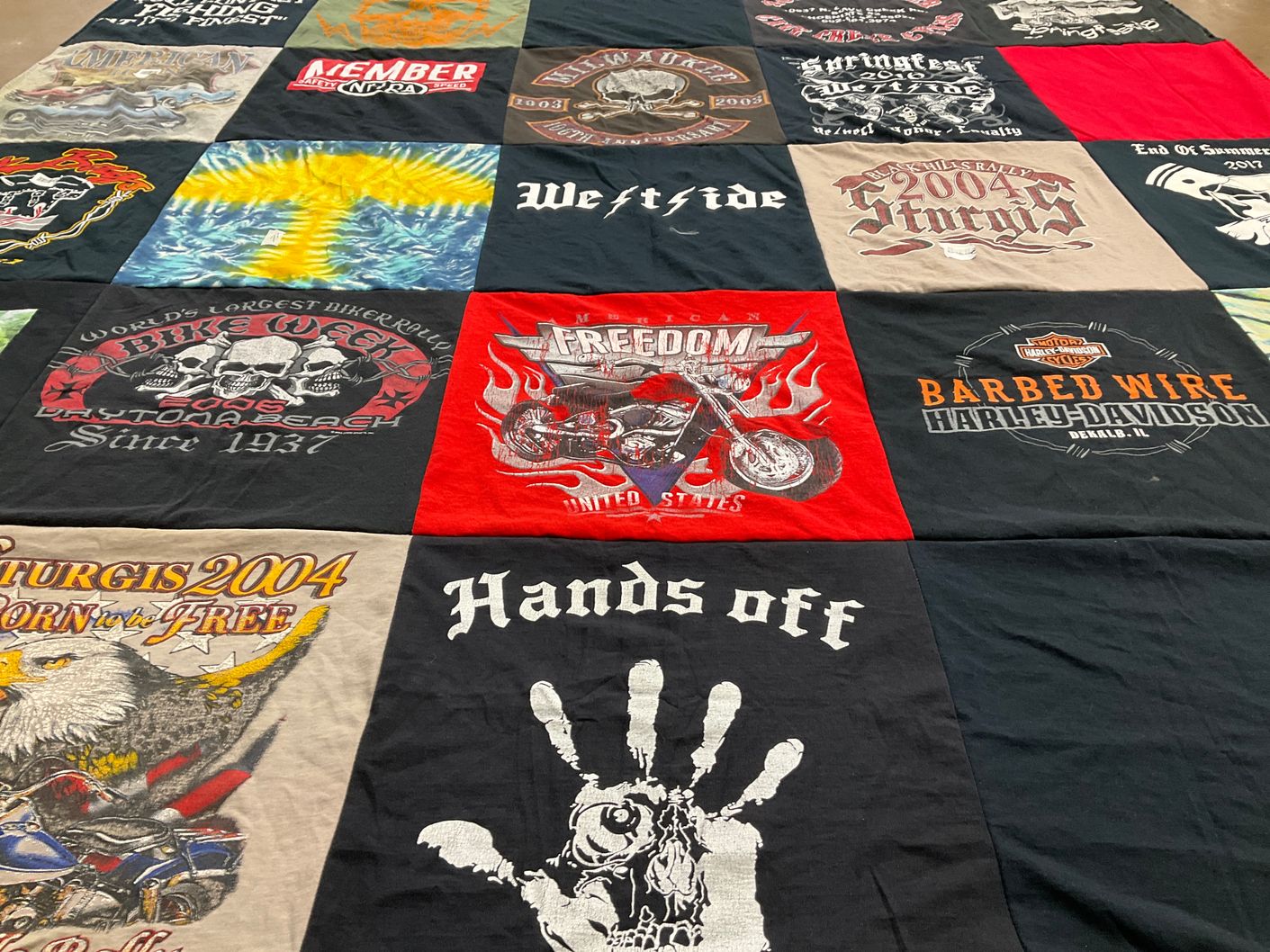 T-shirt quilt with motorcycles, biking themes by Deidre from IL