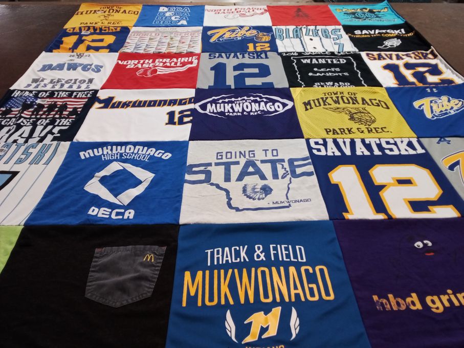 T-shirt quilt featuring mukwonago high school, mukwonago tribe by Kelly from WI