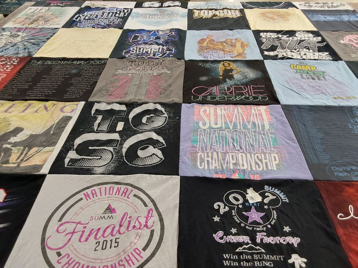 T-shirt quilt with cheerleading, music themes by Jessica from FL