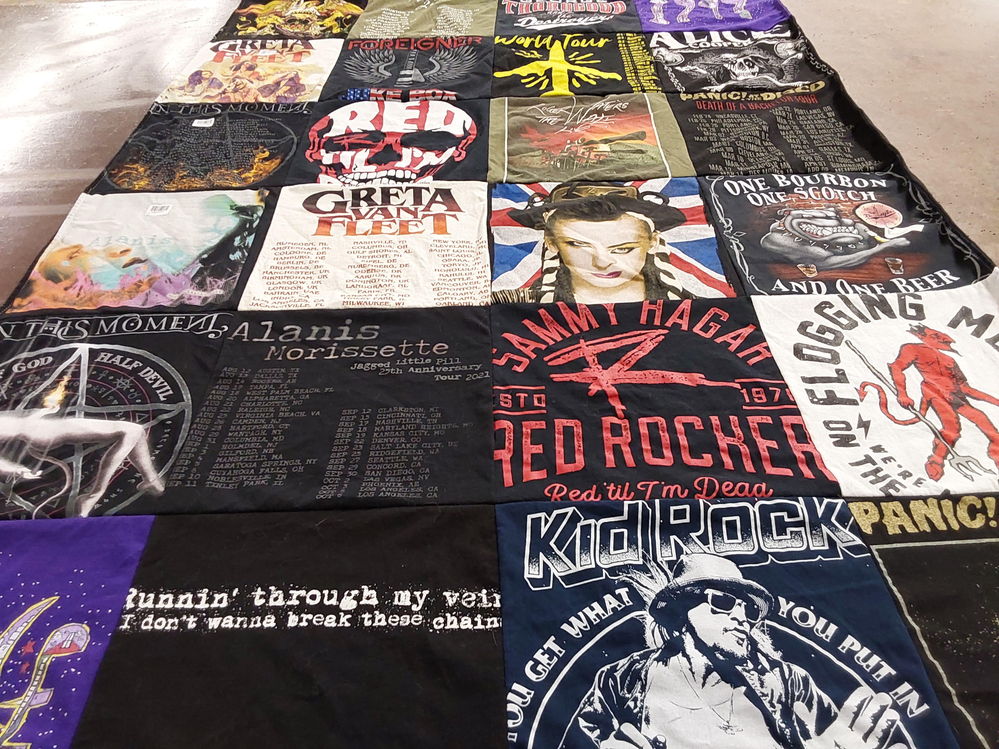T-shirt quilt with music, rock themes by Jennifer from MI