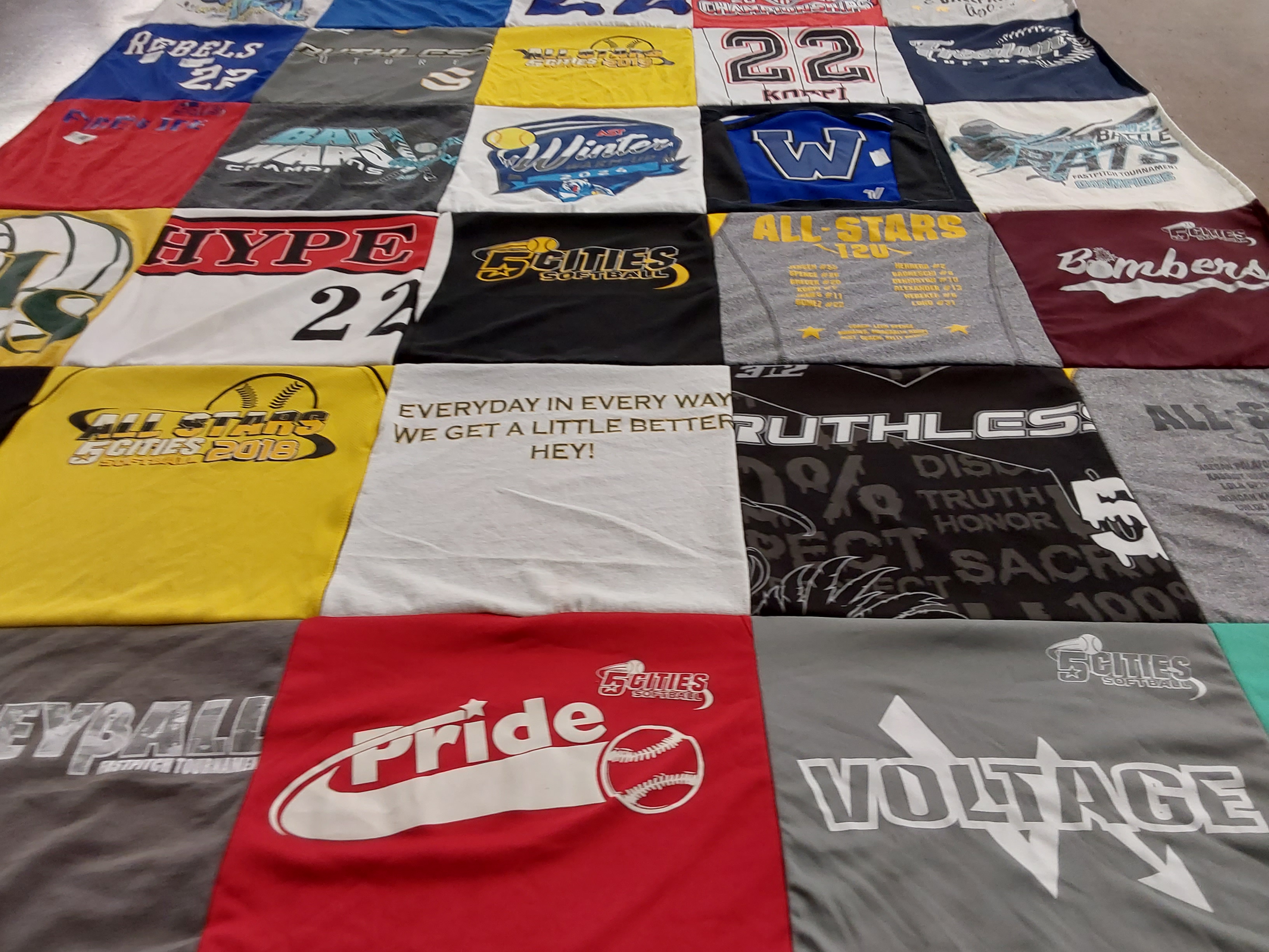 T-shirt quilt with softball, sports themes by Margarita from CA