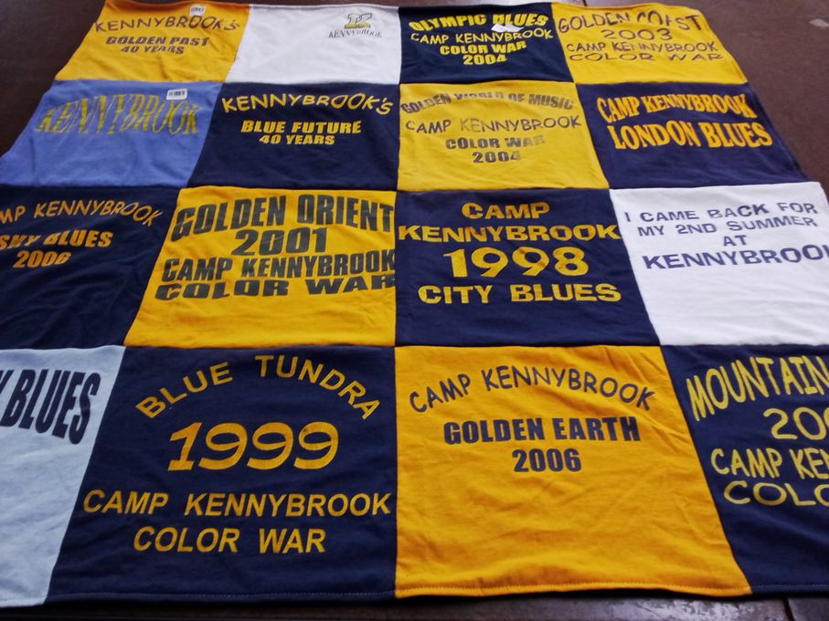 T-shirt quilt with camping, summer camps themes by Laurie from NY