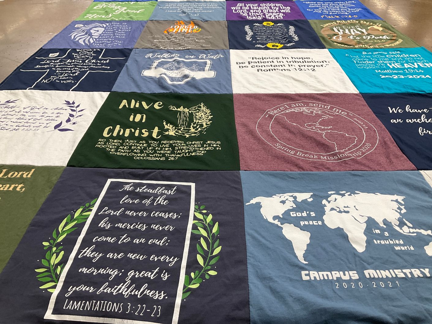 T-shirt quilt with mission trips, faith themes by Rebekah from WI