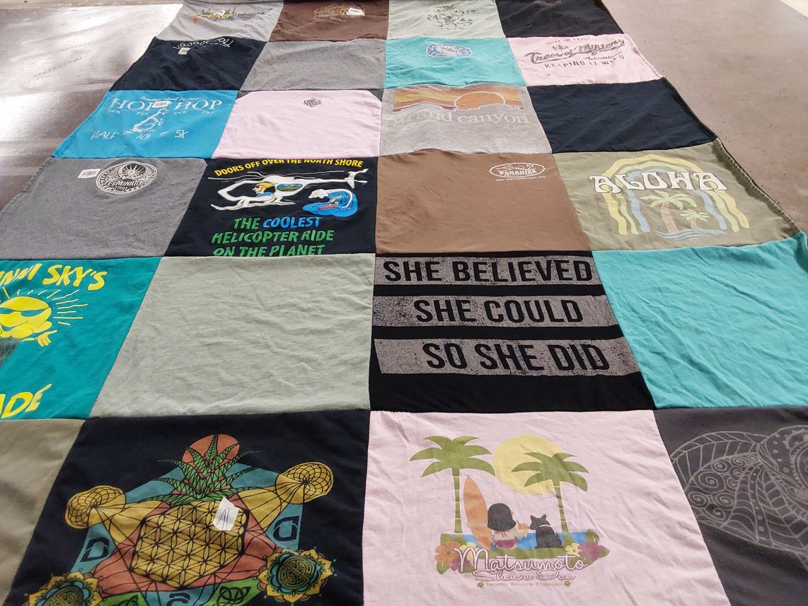 T-shirt quilt with travel, adventure themes by Lori from WA