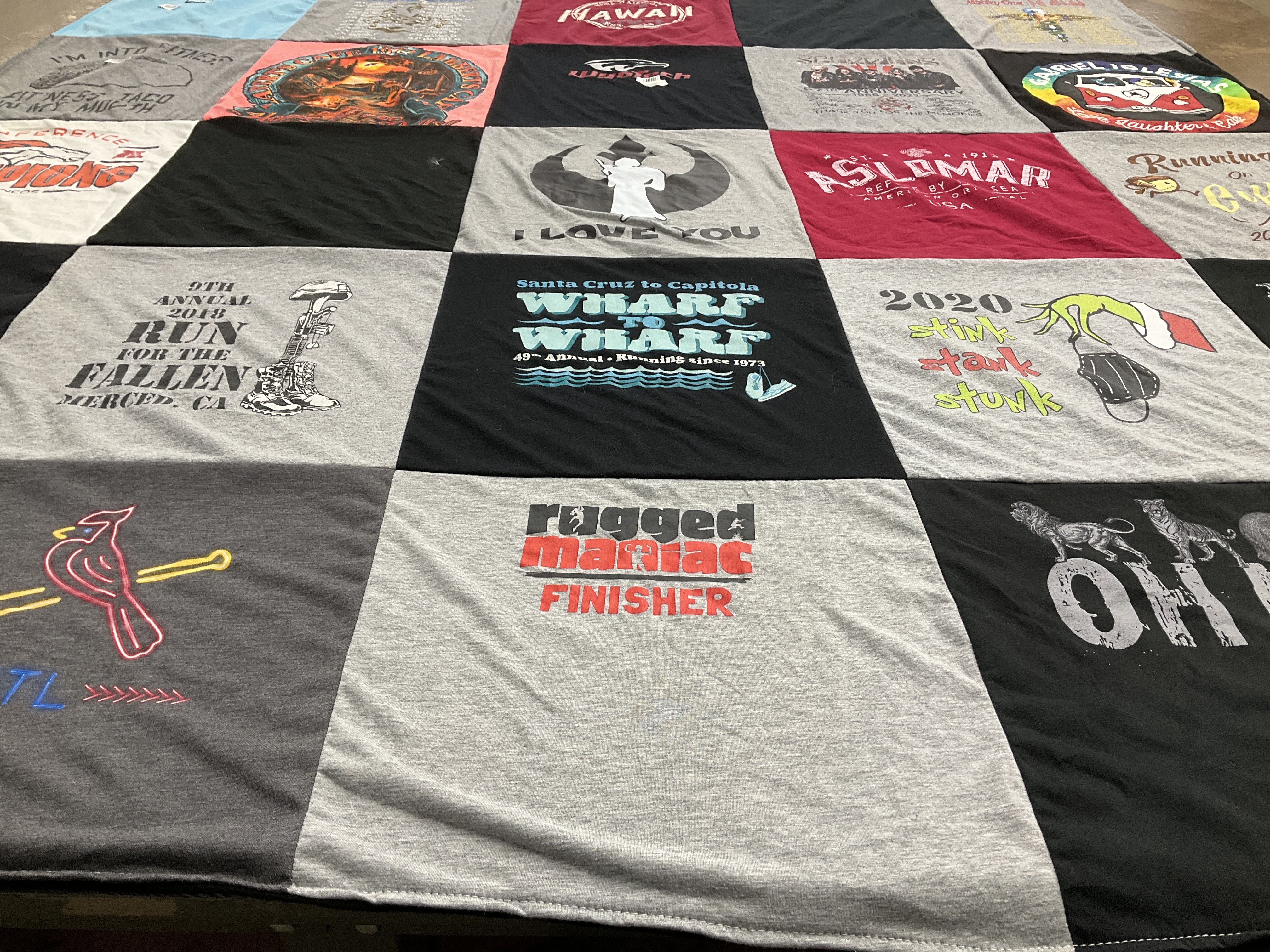 T-shirt quilt with running, marathons themes by Sherrie from CA