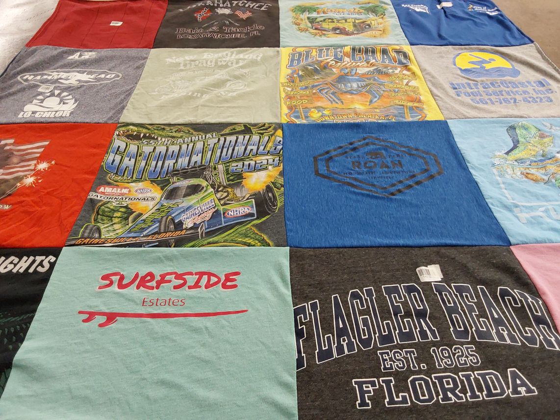 T-shirt quilt with fishing, motorsports themes by Cecilia from FL
