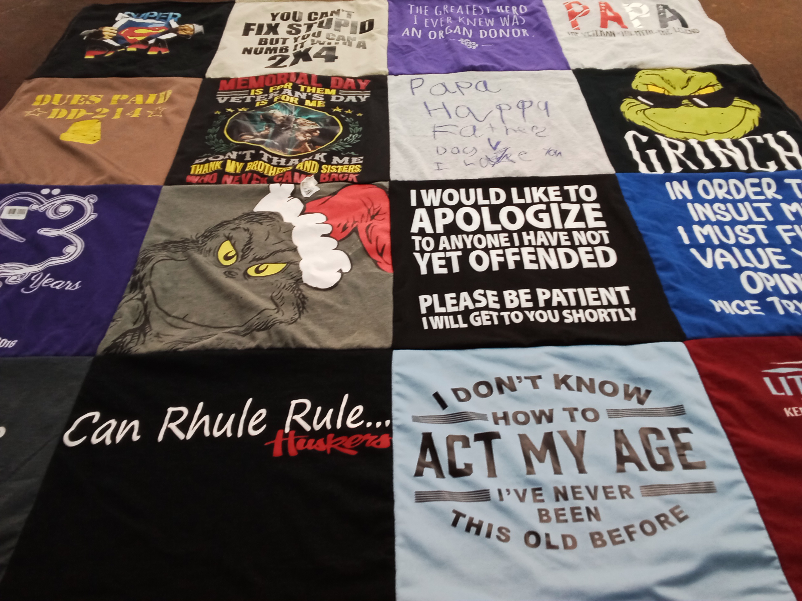 T-shirt quilt with humor, family themes by Tracey from NE