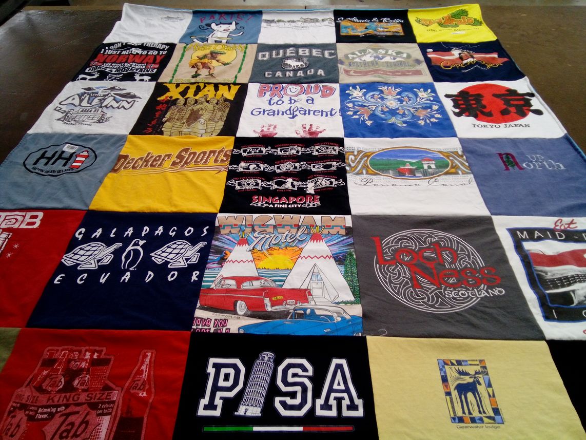 T-shirt quilt with travel, geography themes by Ben from WI