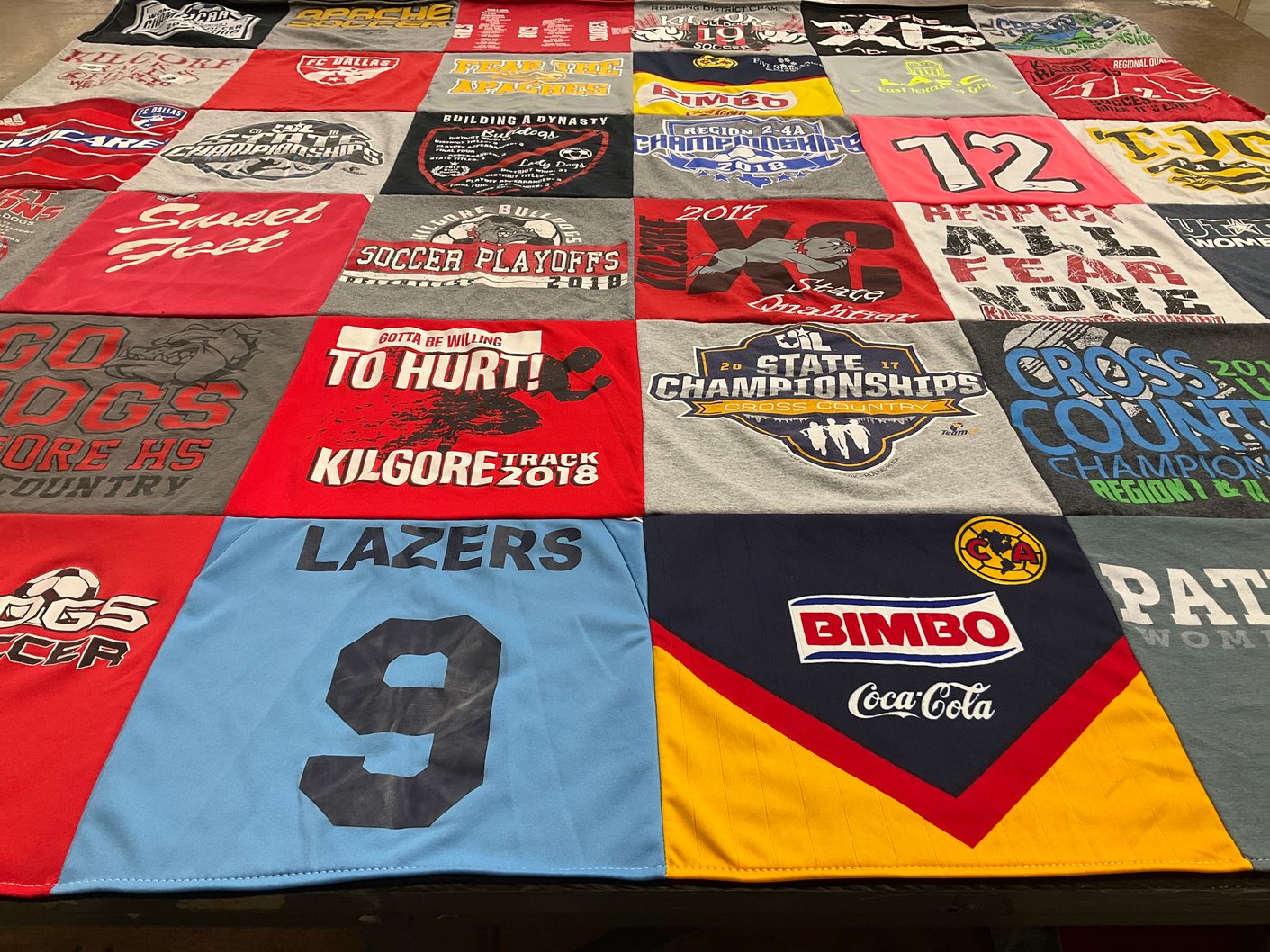 T-shirt quilt featuring kilgore high school cross country team, kilgore high school soccer team by Emma from TX