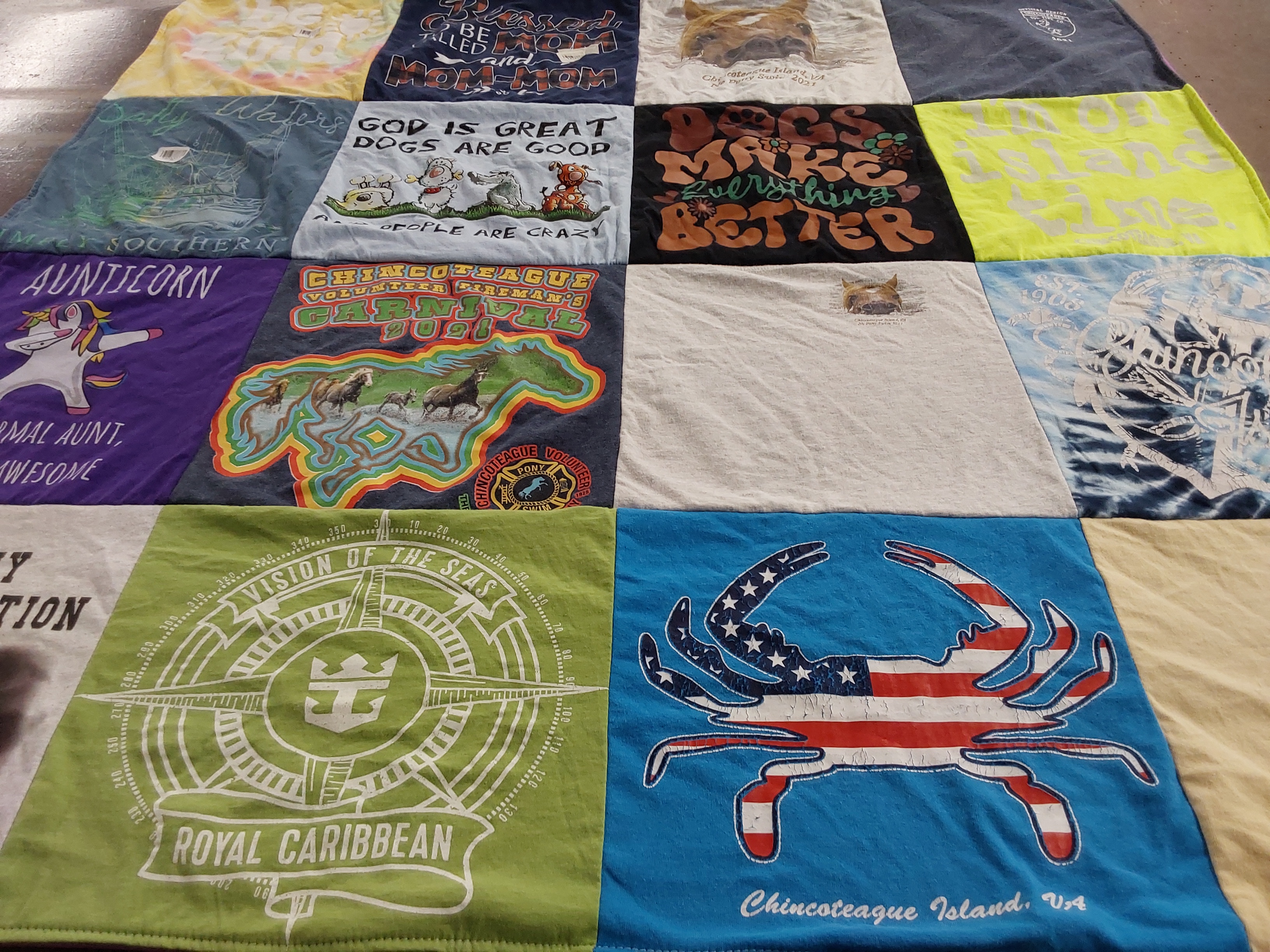 T-shirt quilt with dogs, volunteering themes by Marlene from VA