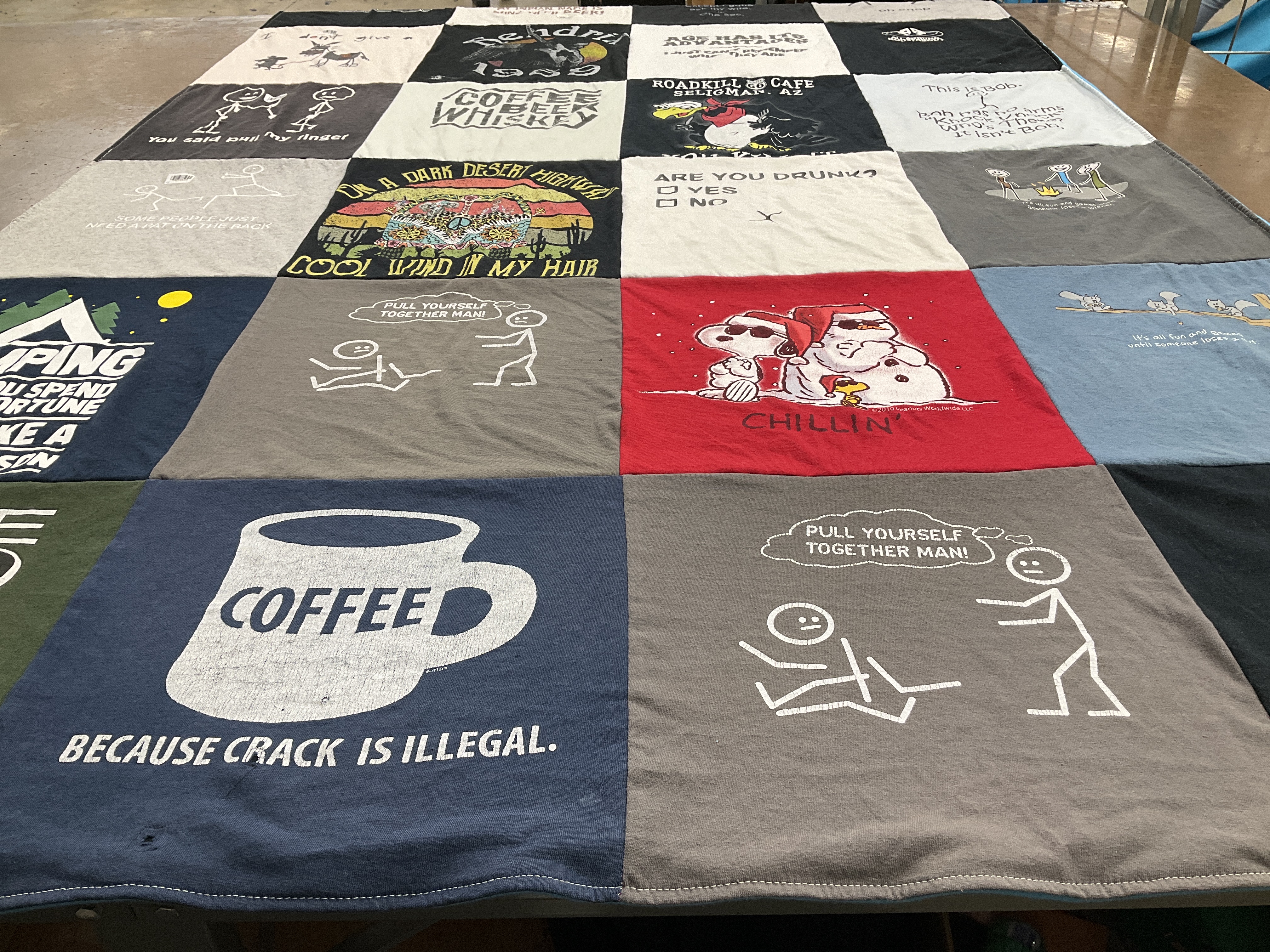 T-shirt quilt with coffee, humor themes by Barbara from NV