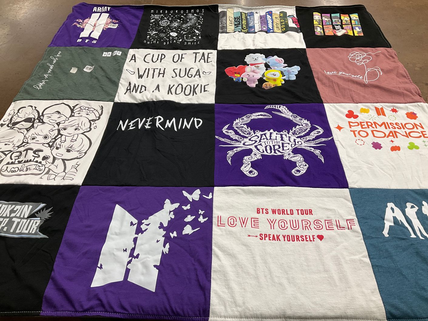 T-shirt quilt with kpop, bts themes by Vickie from CA