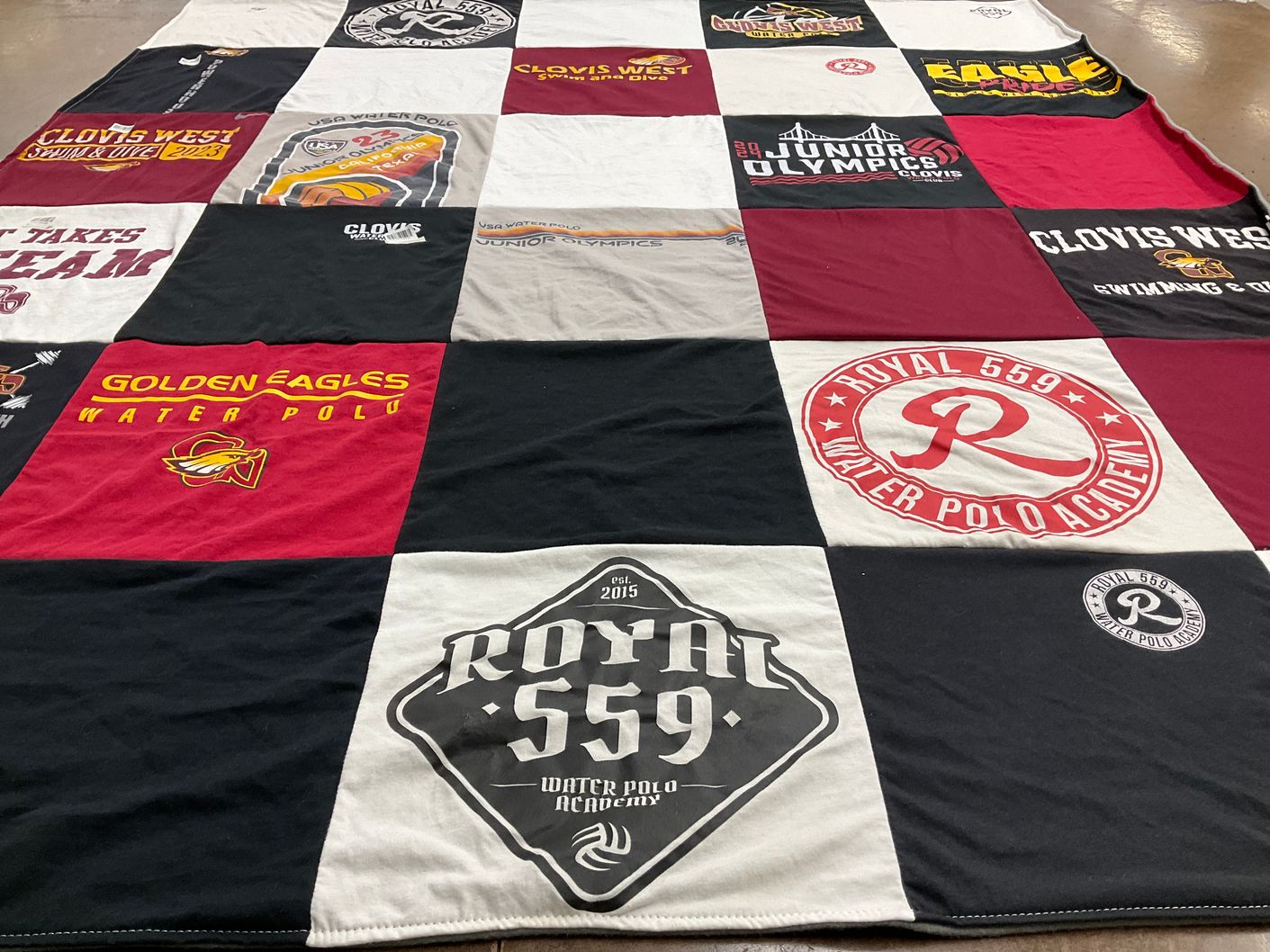 T-shirt quilt featuring golden eagles, royal 559 water polo academy by Katie from CA