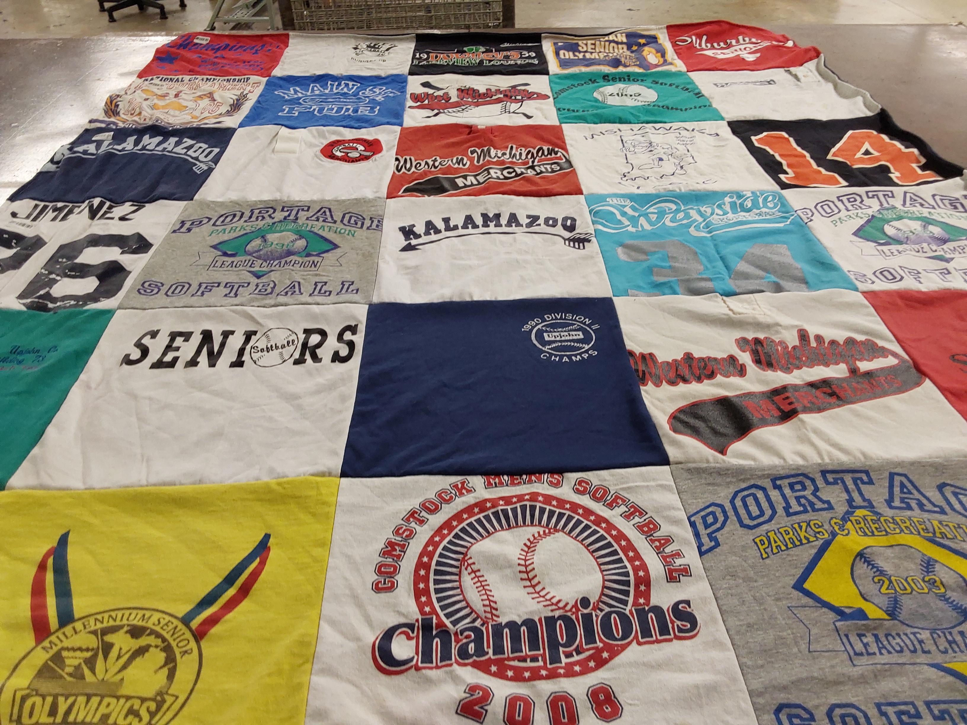 T-shirt quilt with softball, sports themes by Cyndi from MI