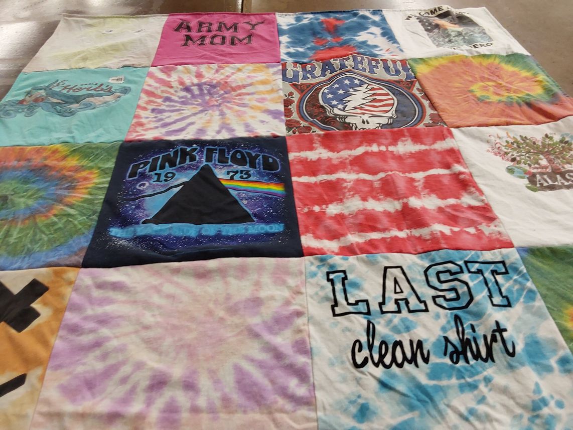 T-shirt quilt with music, tie dye themes by Laura from AZ