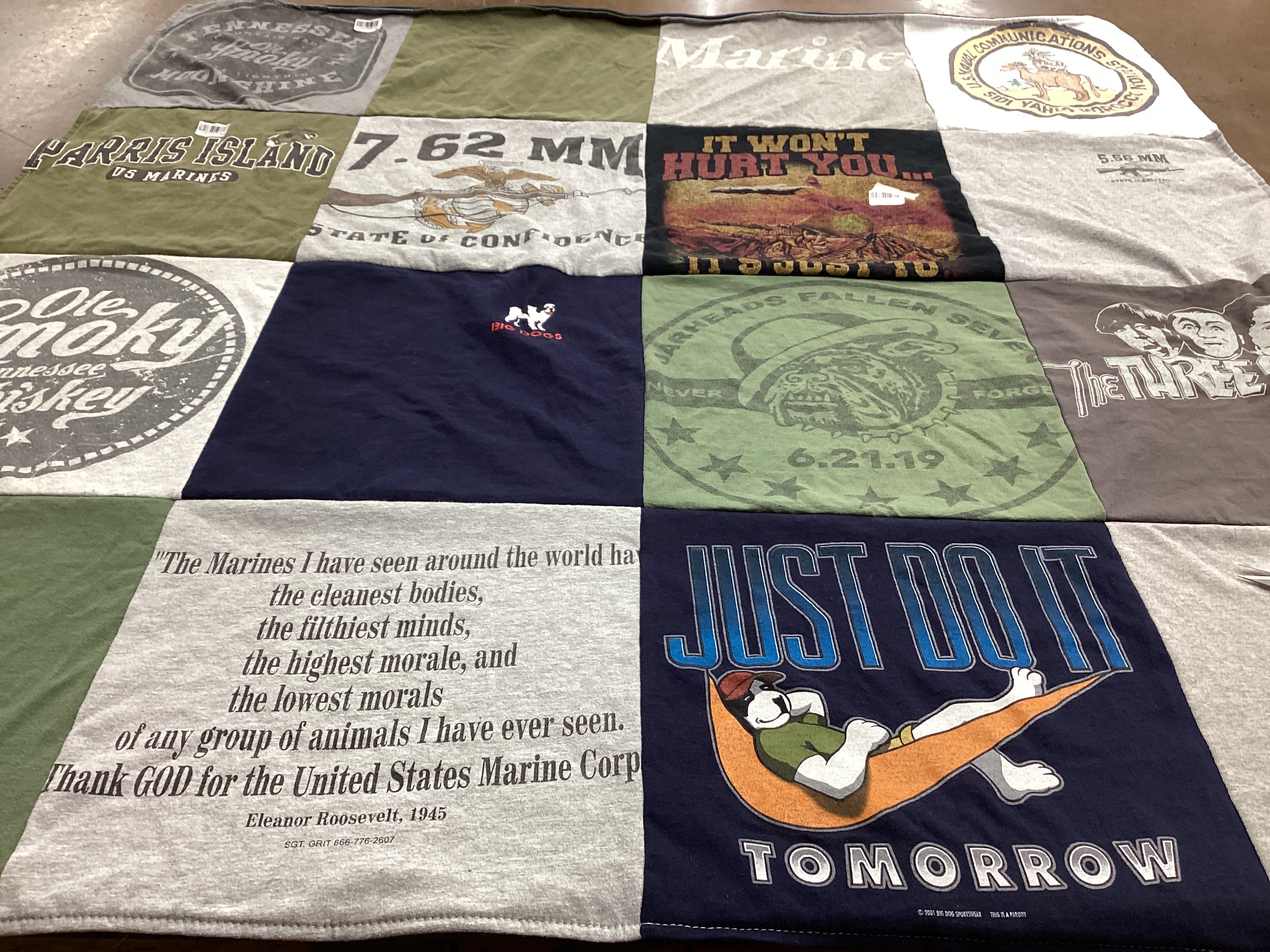 T-shirt quilt with military, whiskey themes by Danielle from TN