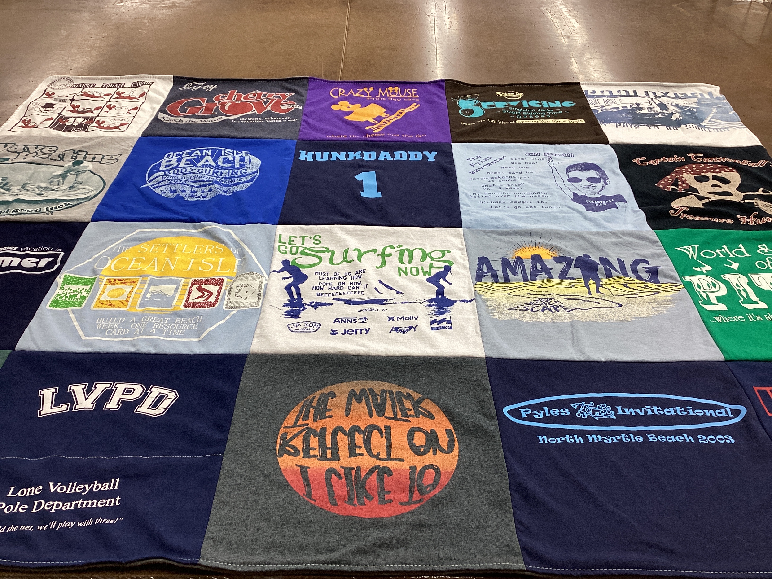 T-shirt quilt with beach, surfing themes by Ann from NC
