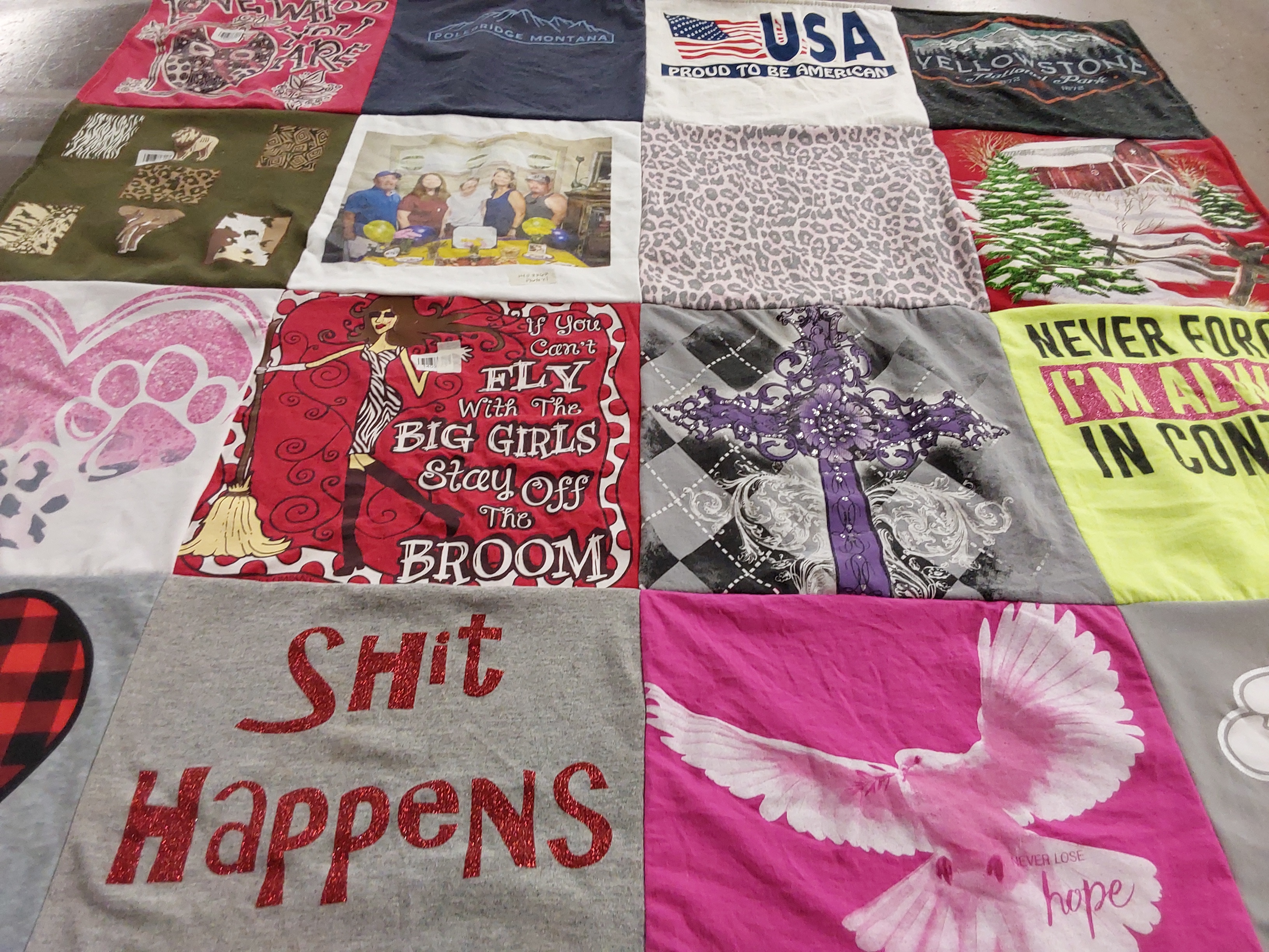 T-shirt quilt with national parks, humor themes by Kevin from LA