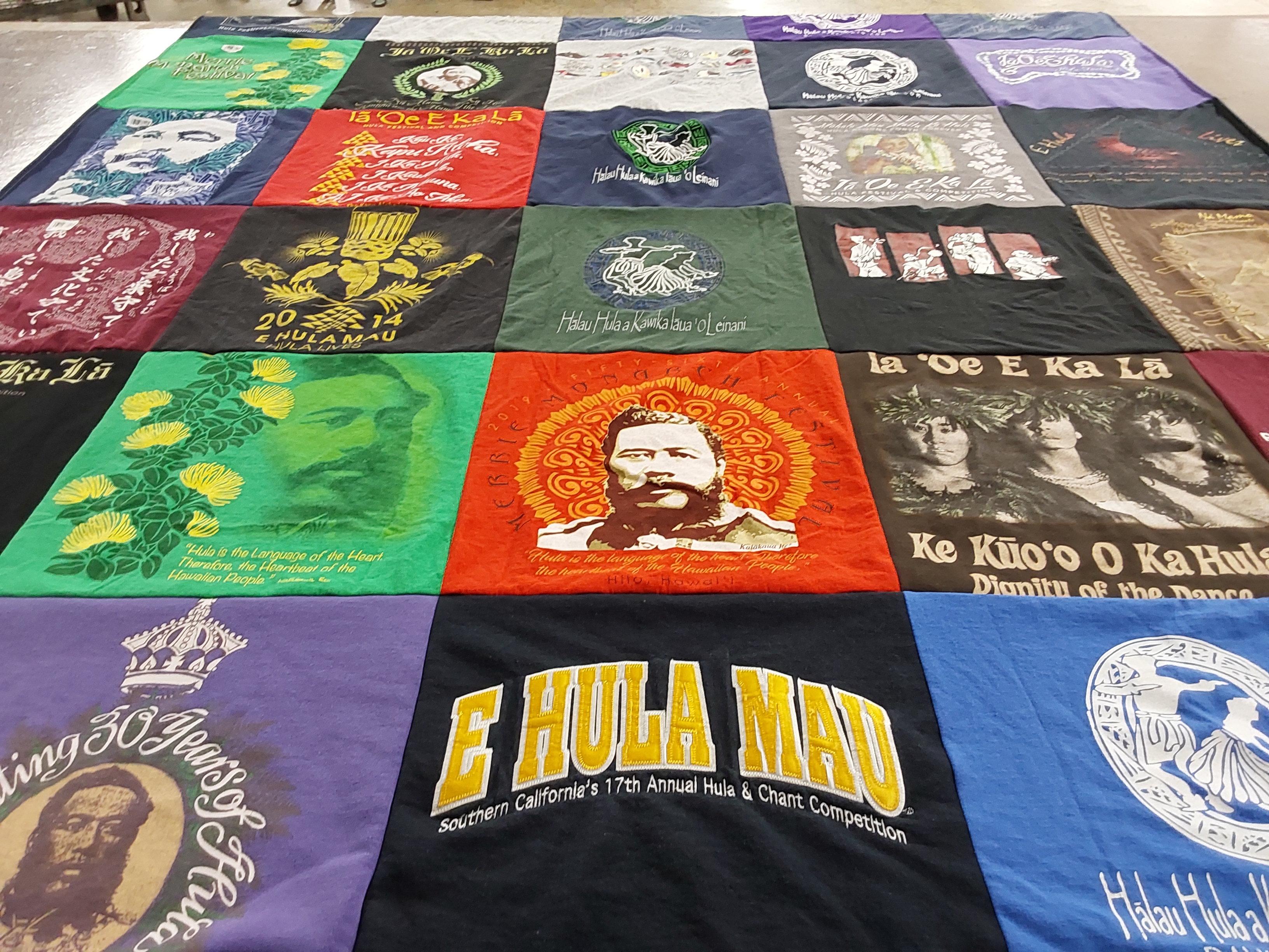 T-shirt quilt with hula, dance themes by Elyse from CA