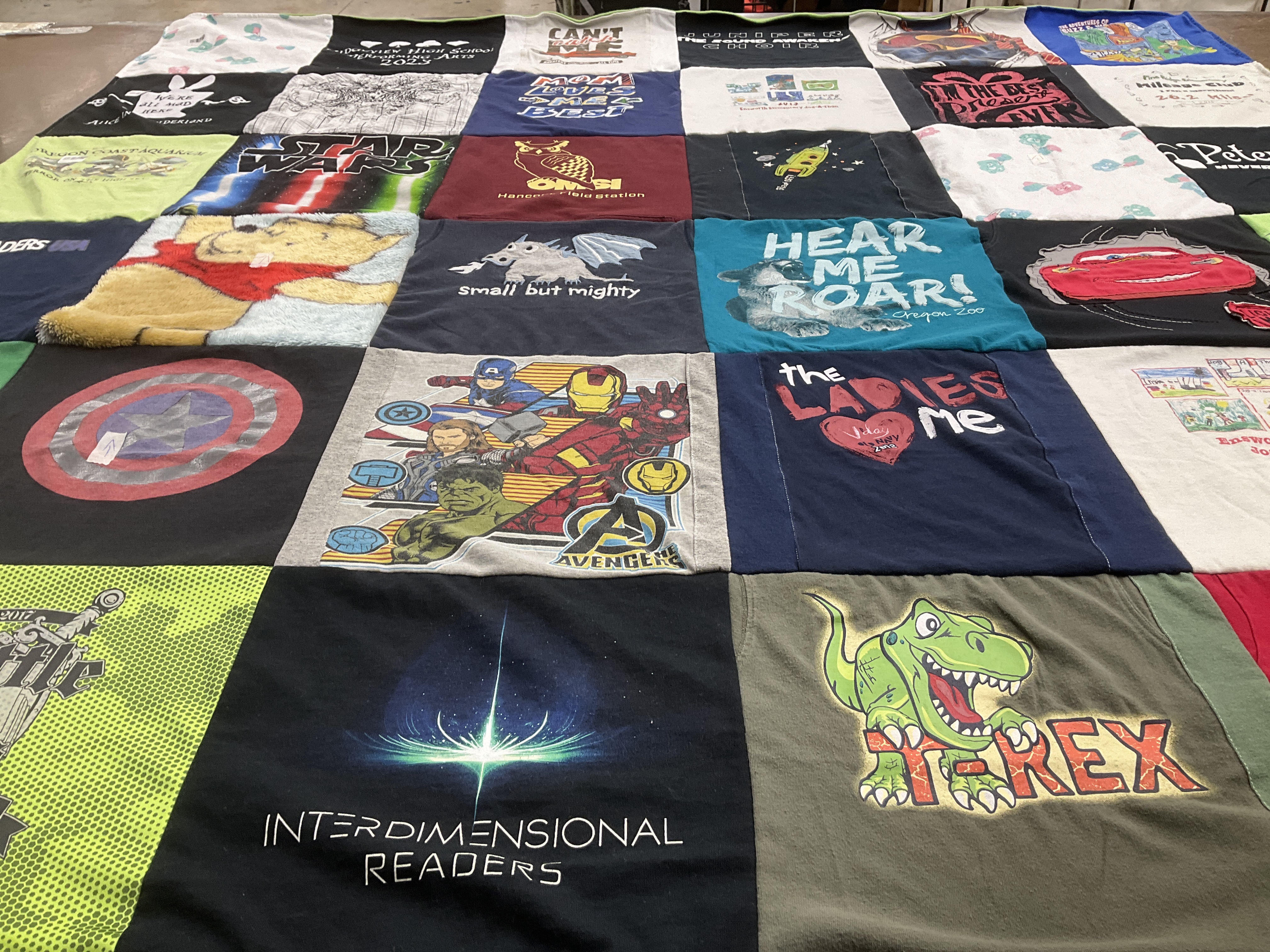T-shirt quilt with superheroes, cartoons themes by Elizabeth from OR