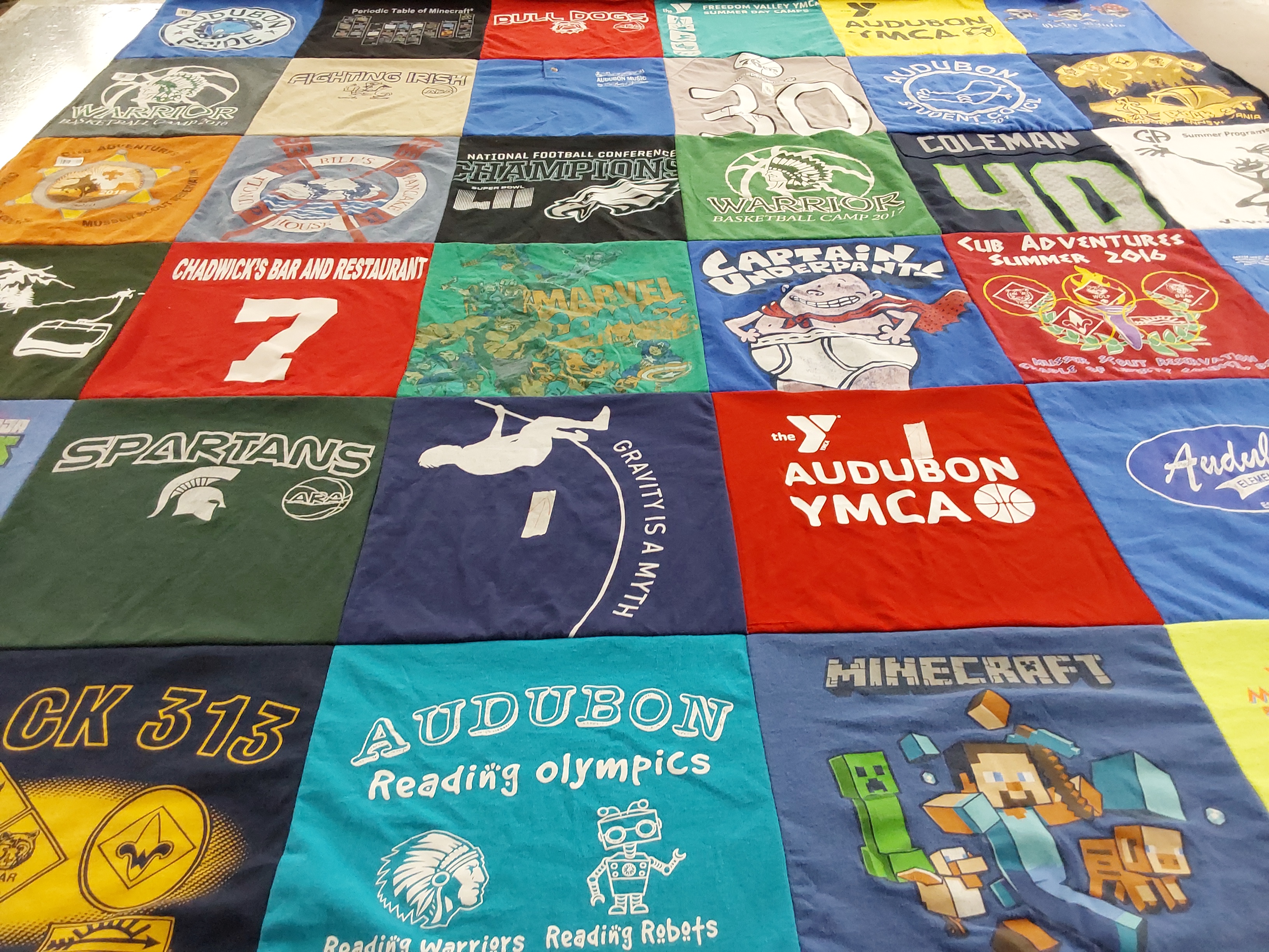 T-shirt quilt with basketball, camping themes by Patricia from PA