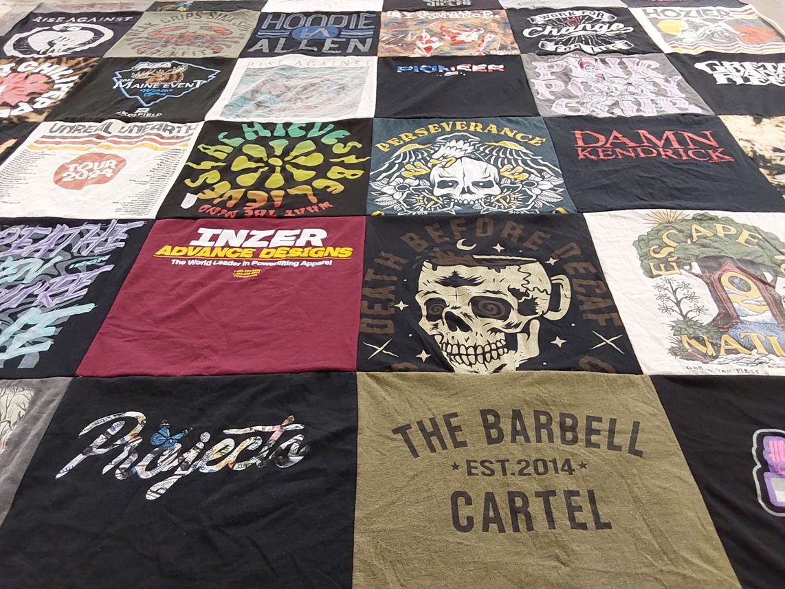 T-shirt quilt with powerlifting, music themes by MEGHAN from CT