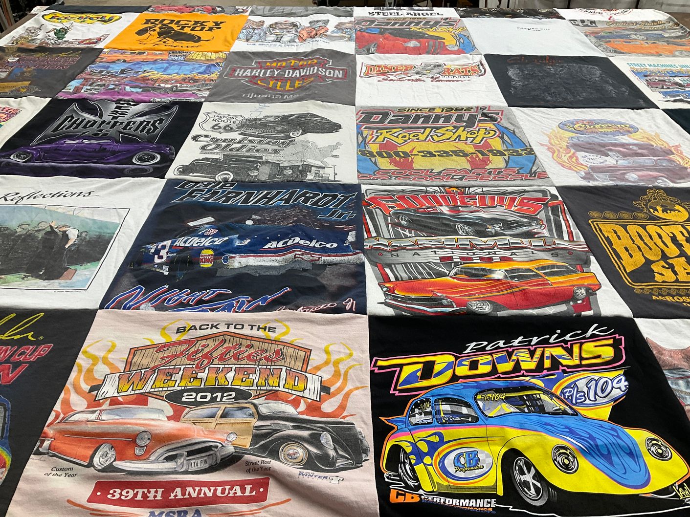 T-shirt quilt with cars, motorcycles themes by Sandra from TN
