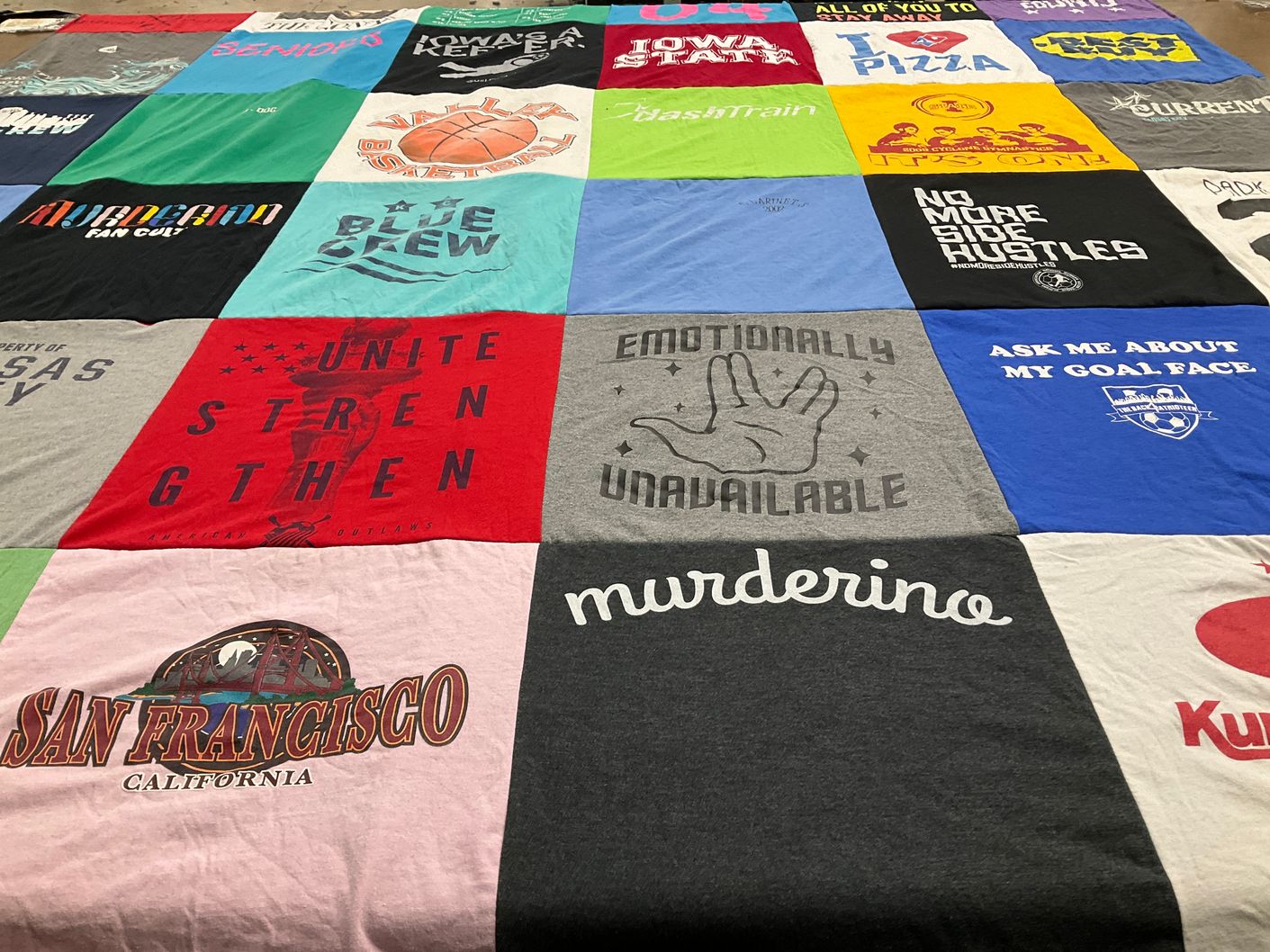 T-shirt quilt with basketball, pizza themes by Danielle from IA