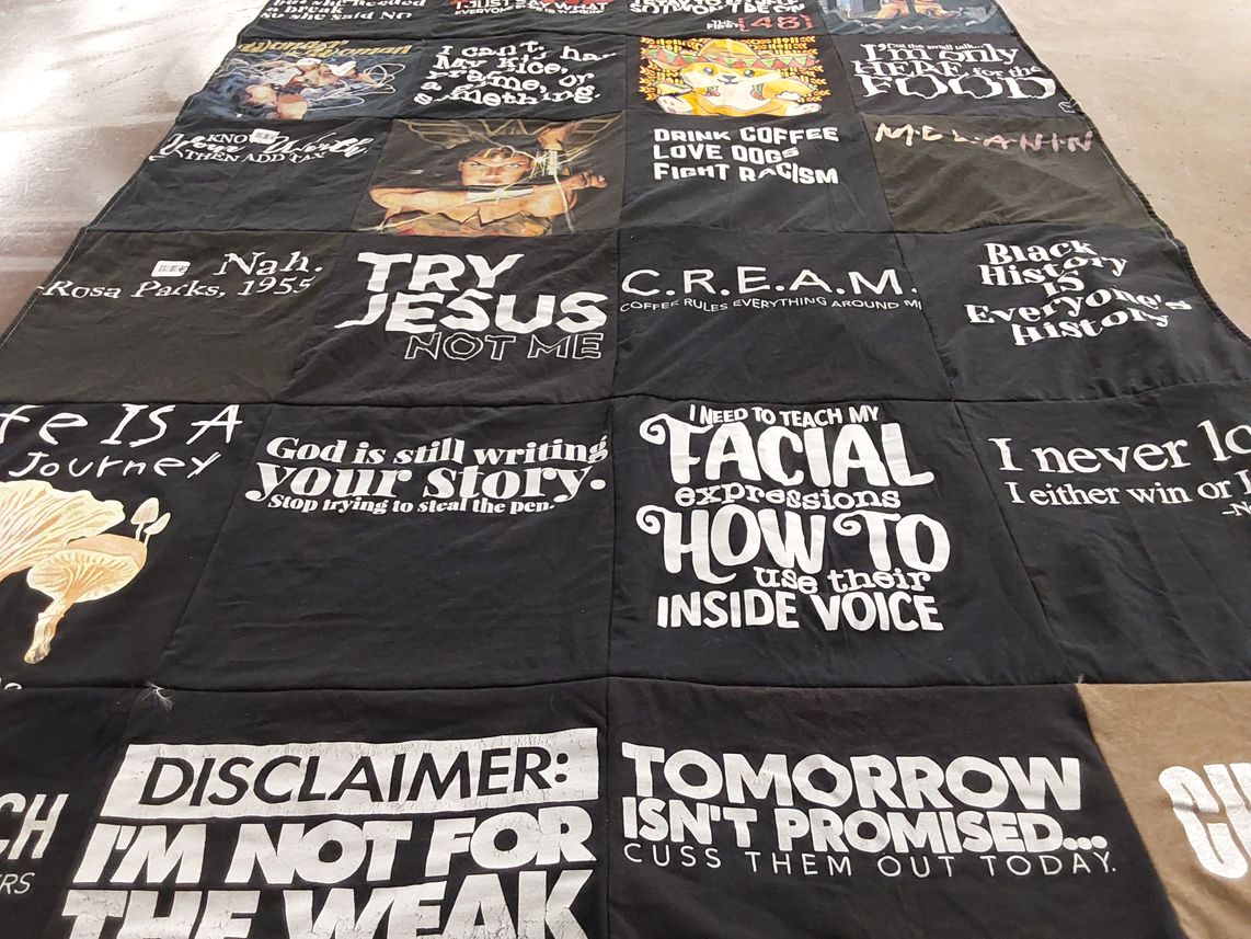 T-shirt quilt with coffee, racial equality themes by Alyson from FL