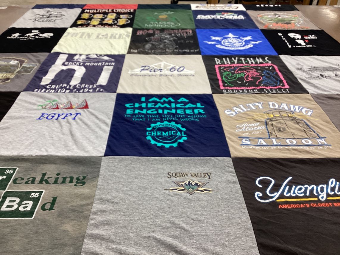 T-shirt quilt with outdoor activities, travel themes by Lloyd from FL