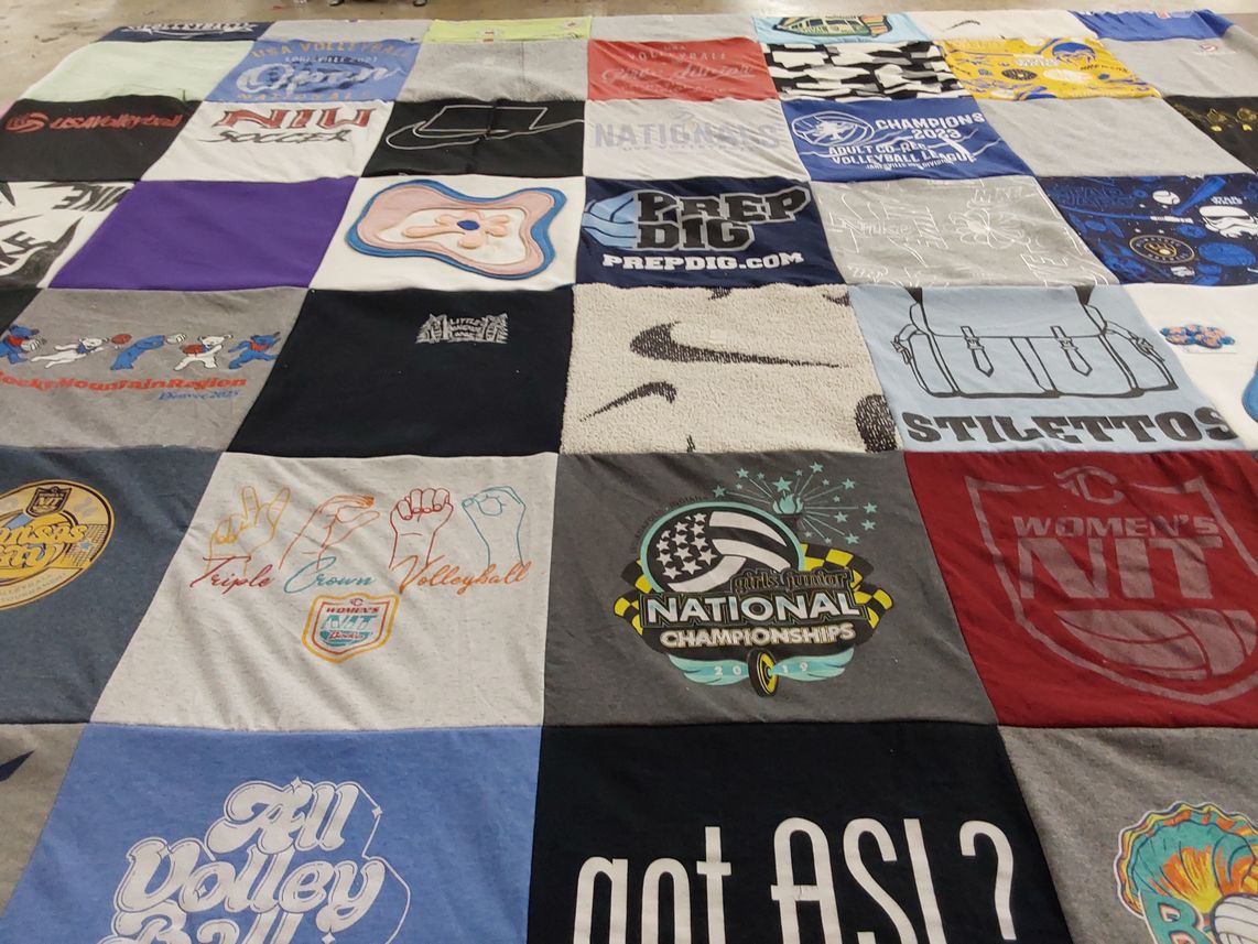 T-shirt quilt with volleyball, sports themes by Alexis from WI