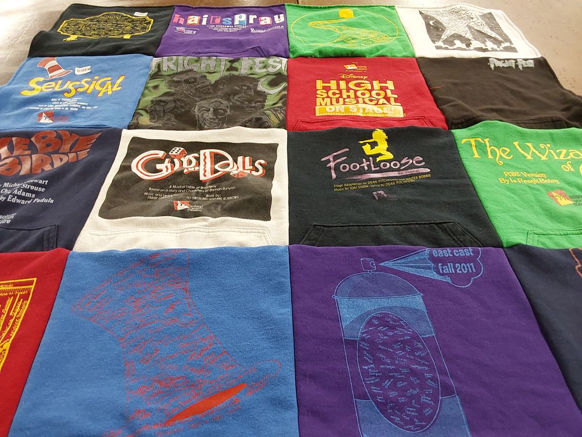 T-shirt quilt with theater, musicals themes by Deborah from CA