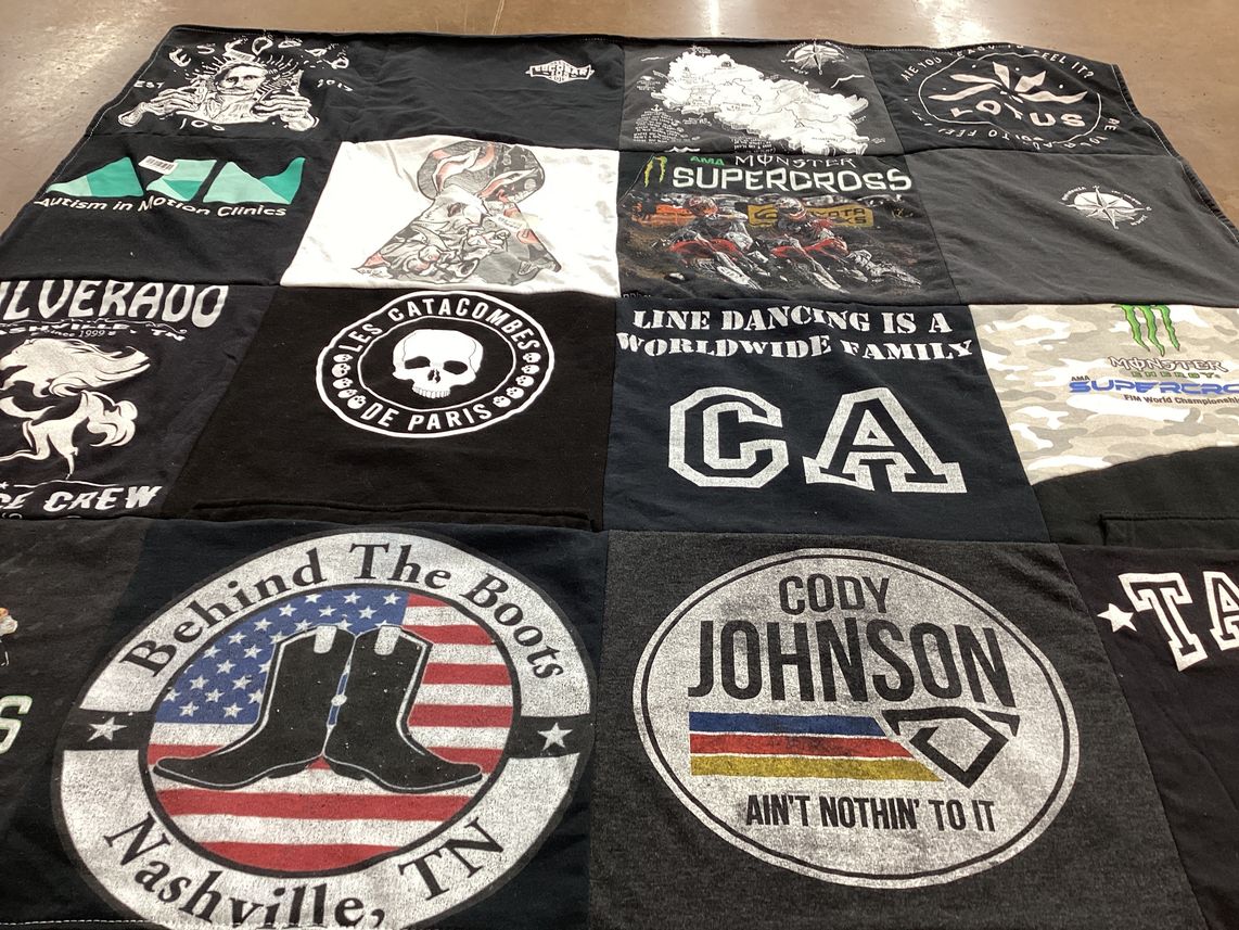 T-shirt quilt with motorsports, country music themes by Taylor from TN